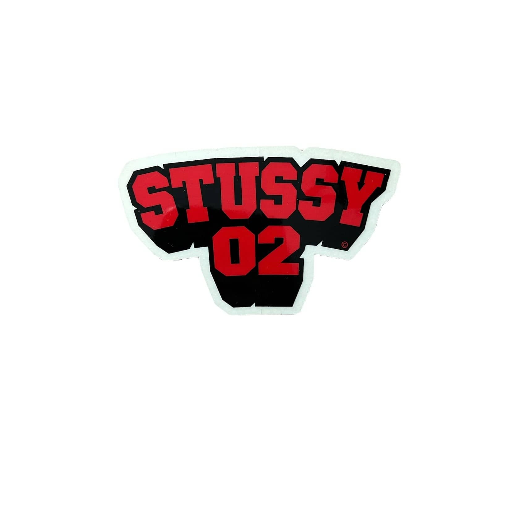 Stussy "02" Sticker in red. The sticker measures 3.5"x2".