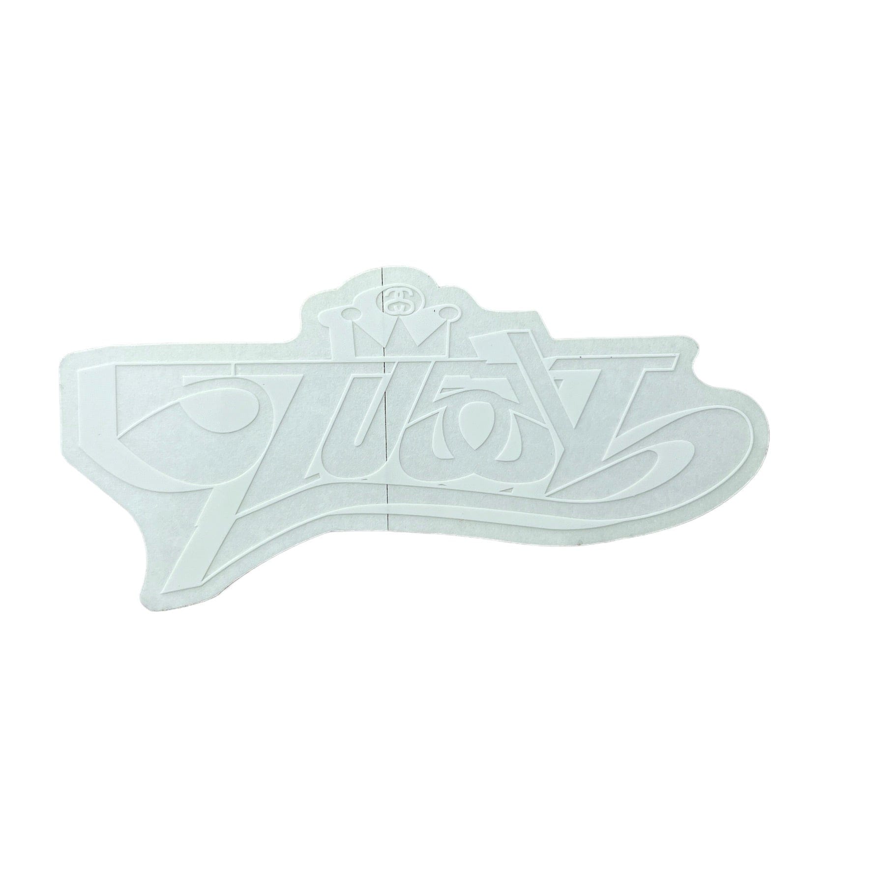 Stussy Crown Script Vintage Sticker in white. The sticker measures 2.25"x2.5".