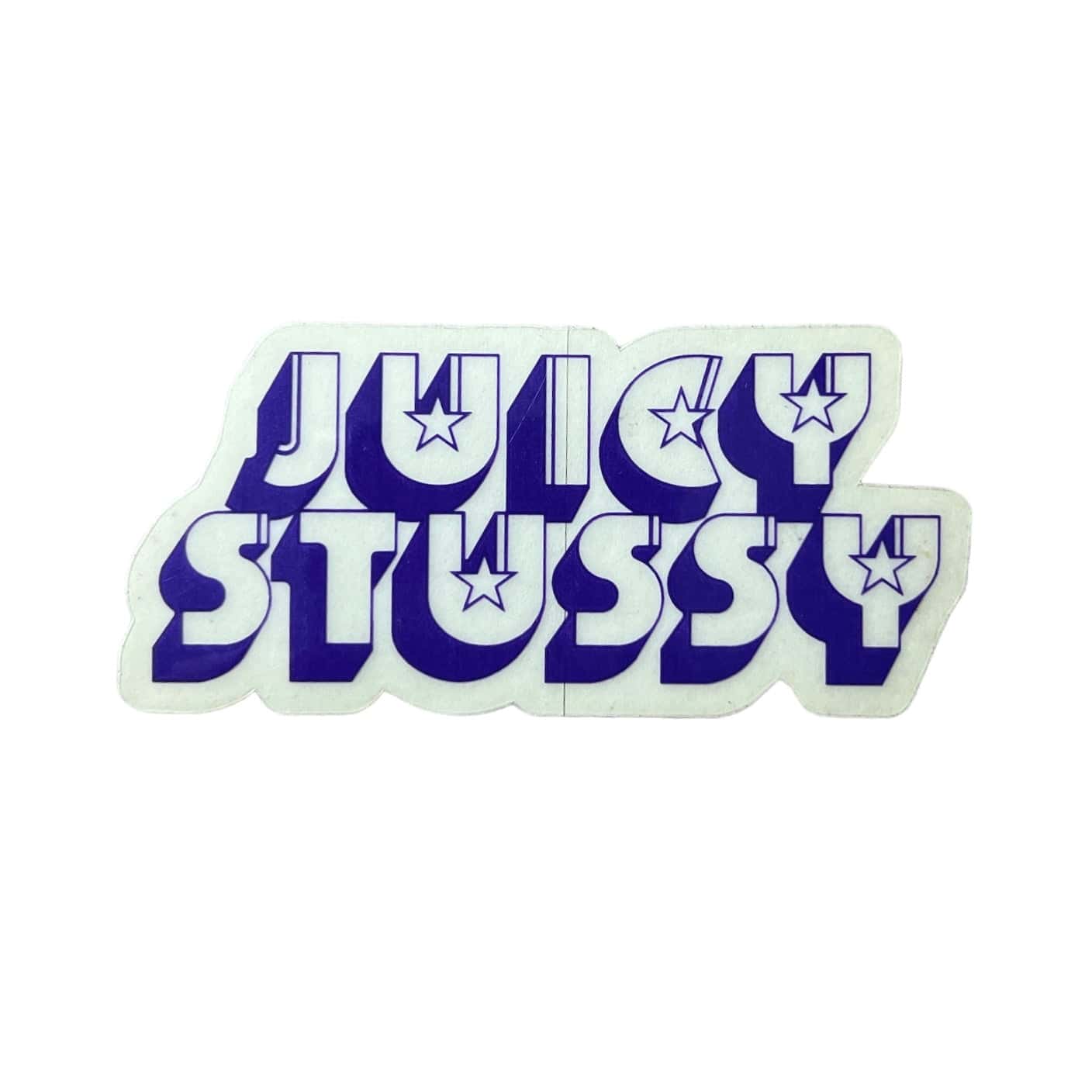 Stussy Juicy Stussy Sticker in purple. The sticker measures 3.75"x1.75".