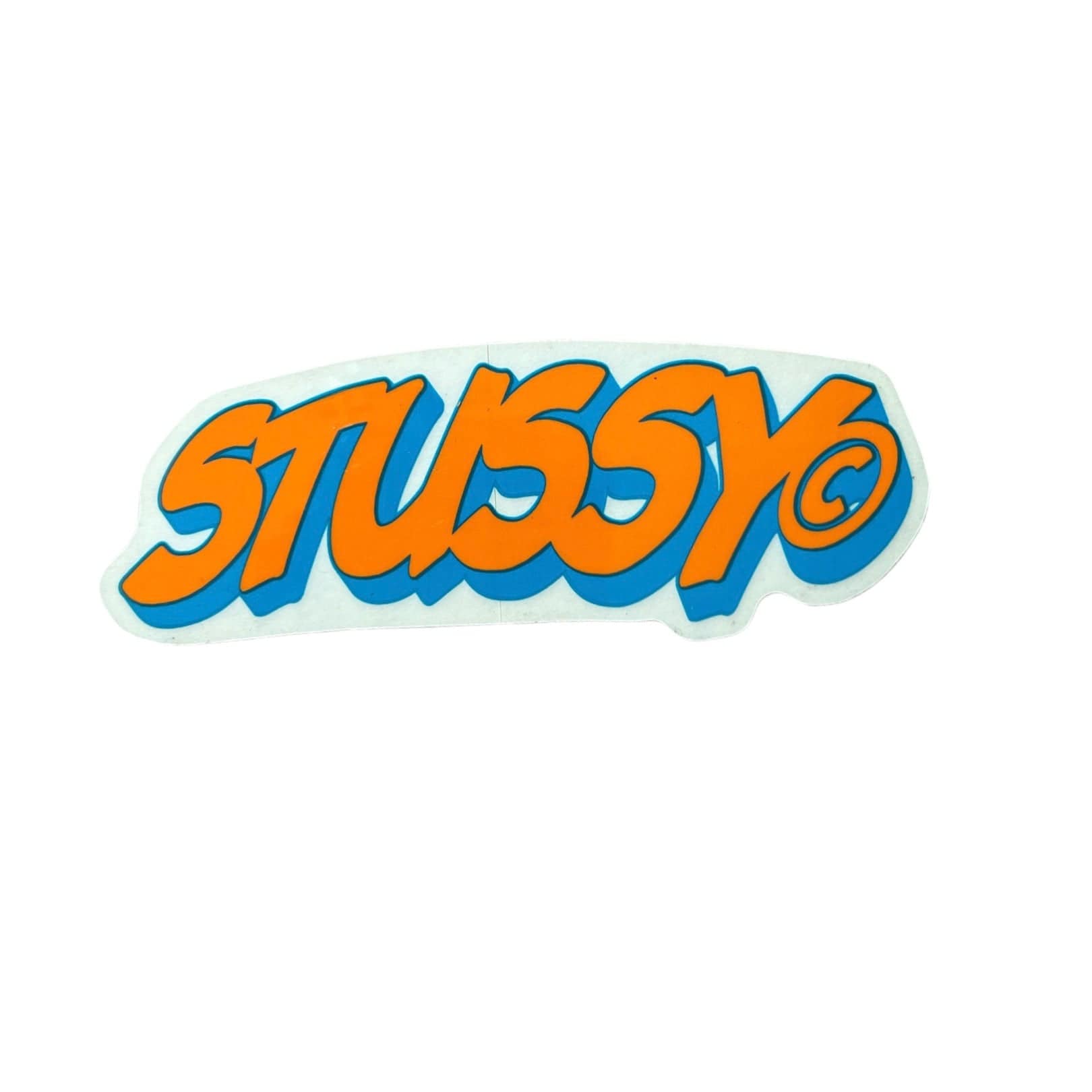 Stussy Block Script Sticker in orange. The sticker measures 4.75"x1.75".