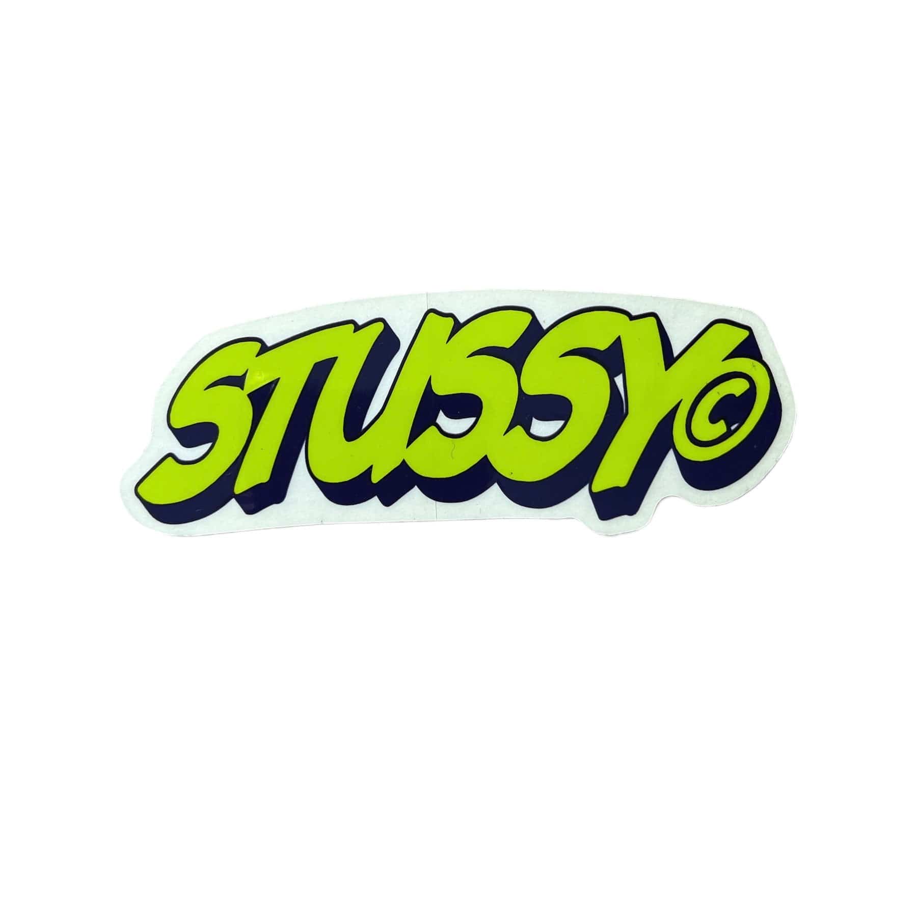 Stussy Block Script Sticker in green. The sticker measures 4.75"x1.75".