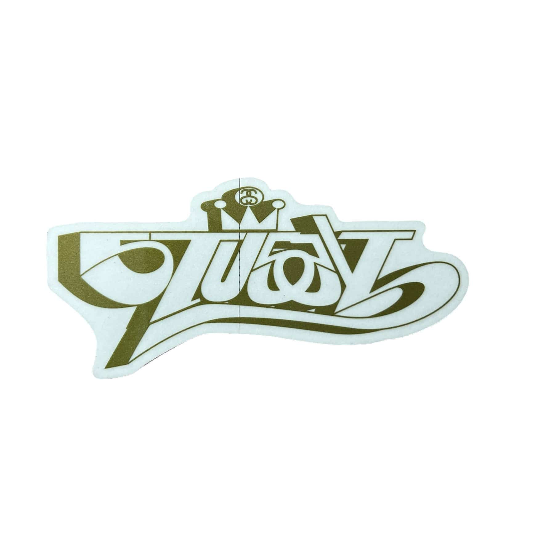 Stussy Crown Script Vintage Sticker in Olive. The sticker measures 2.25"x2.5".