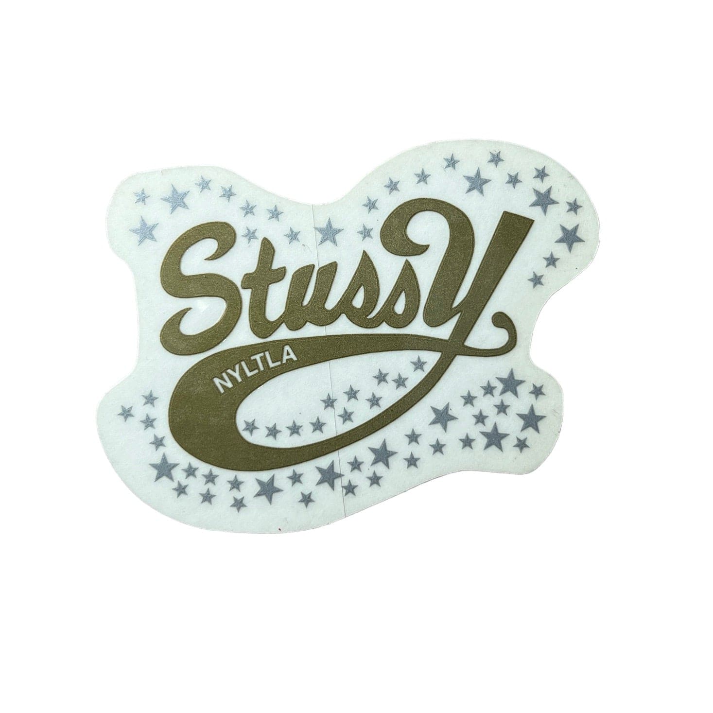 Stussy NYLTLA Stars Vintage Sticker in olive. The sticker measures 3.75"x2.75".
