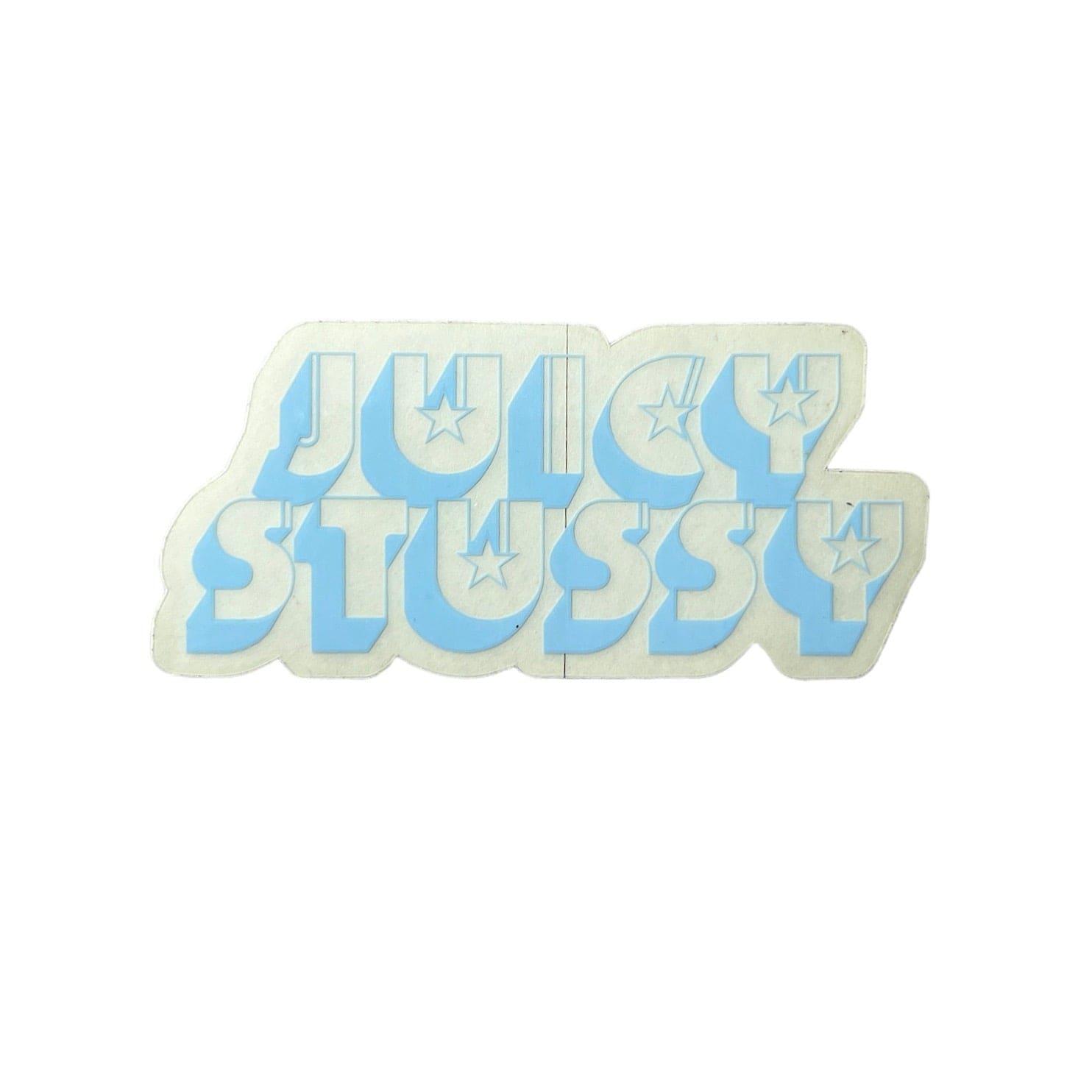 Stussy Juicy Stussy Sticker in blue. The sticker measures 3.75"x1.75".