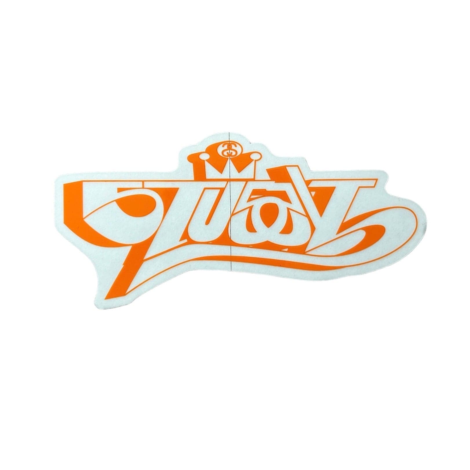 Stussy Crown Script Vintage Sticker in orange. The sticker measures 2.25"x2.5".