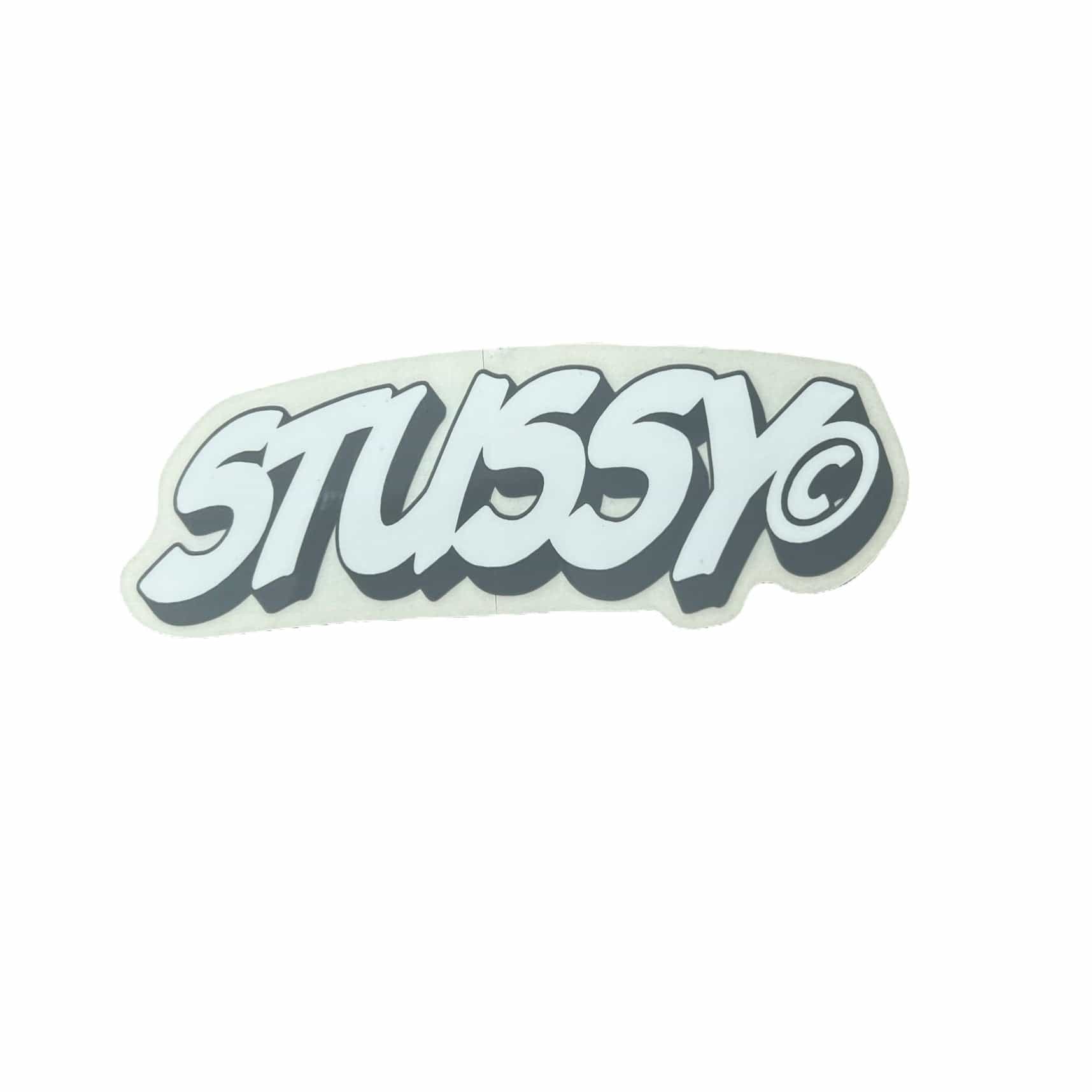 Stussy Block Script Sticker in white. The sticker measures 4.75"x1.75".