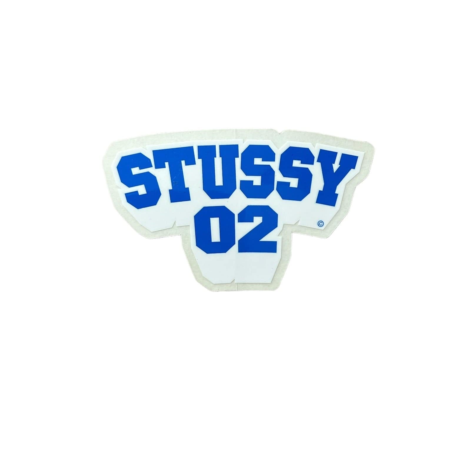 Stussy "02" Sticker in blue. The sticker measures 3.5"x2".