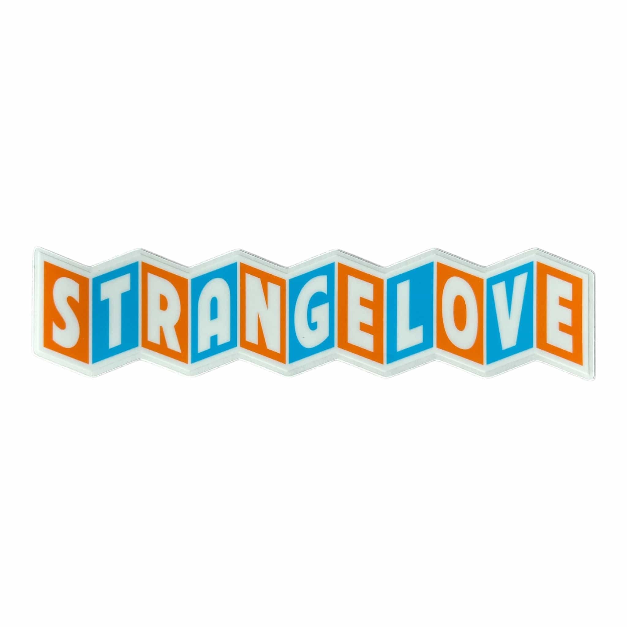 Strangelove Skateboards Ribbon Sticker White on Blue and Orange