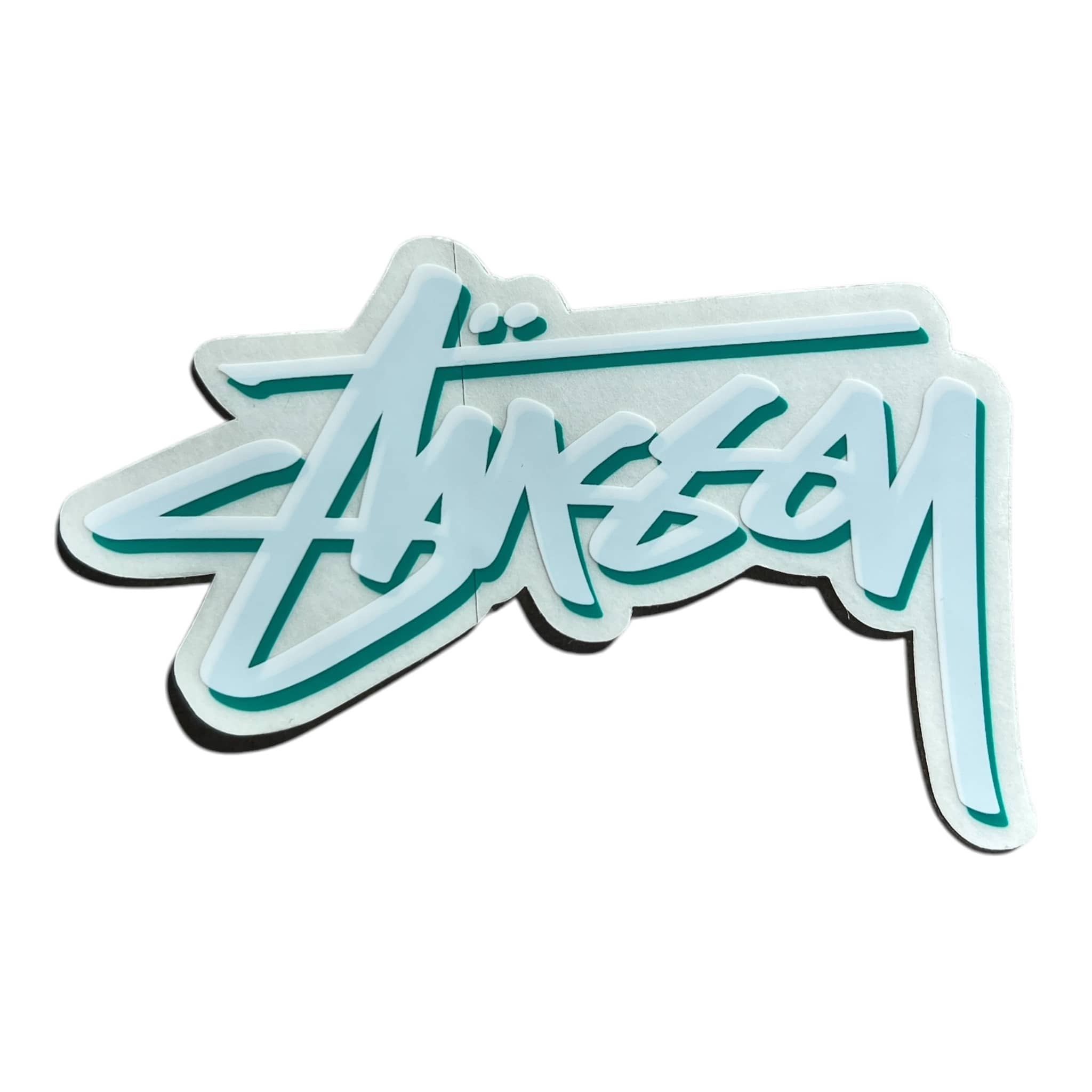 Stussy Script White with Green Outline Sticker