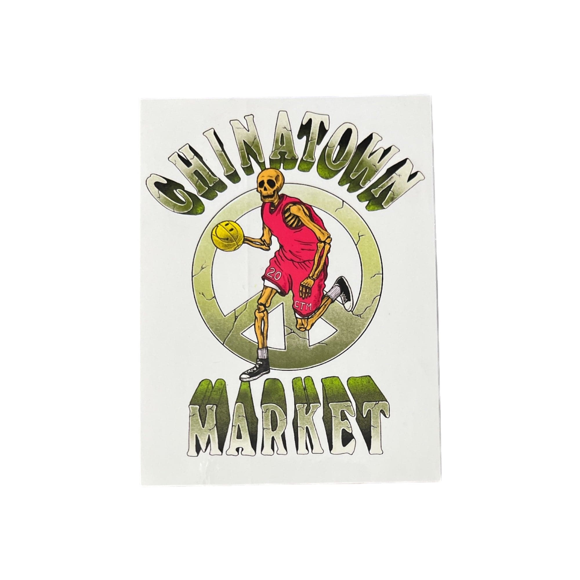 Sticker with a skeleton in a peace sign, holding a basketball, and 'Chinatown Market' text on a white background.