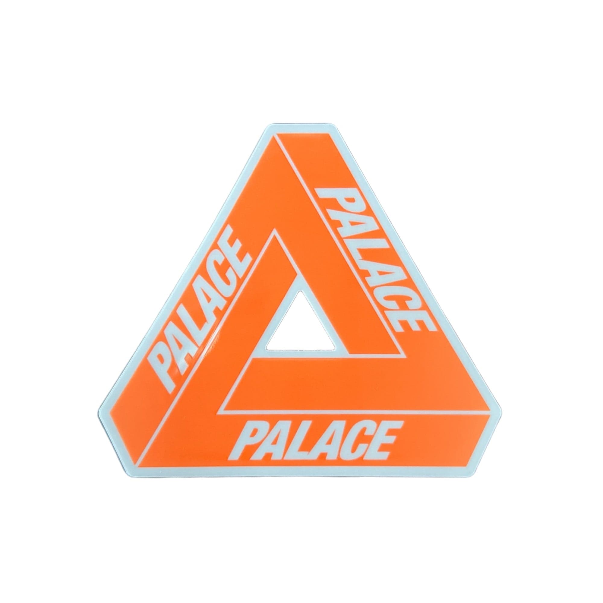 Palace Skateboards Neon Orange Tri-Ferg Sticker from the sticker pack released in the Winter of 2024. The sticker measures 4"x3.5".
