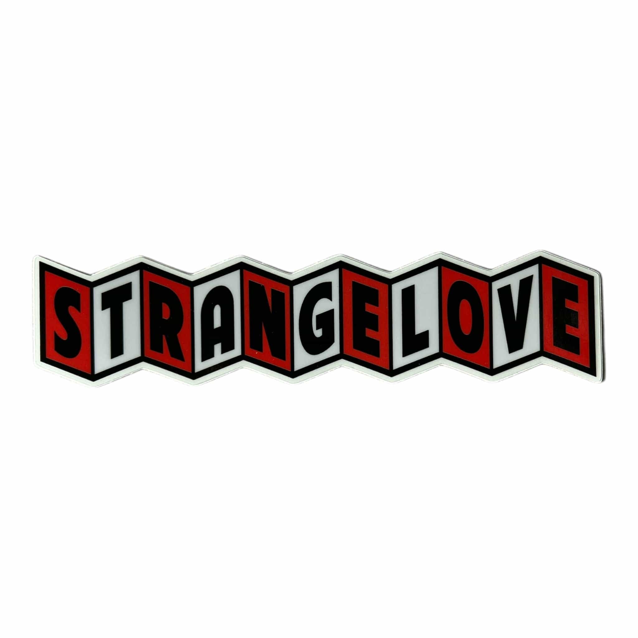 Strangelove Skateboards Ribbon Sticker Black on Red and White