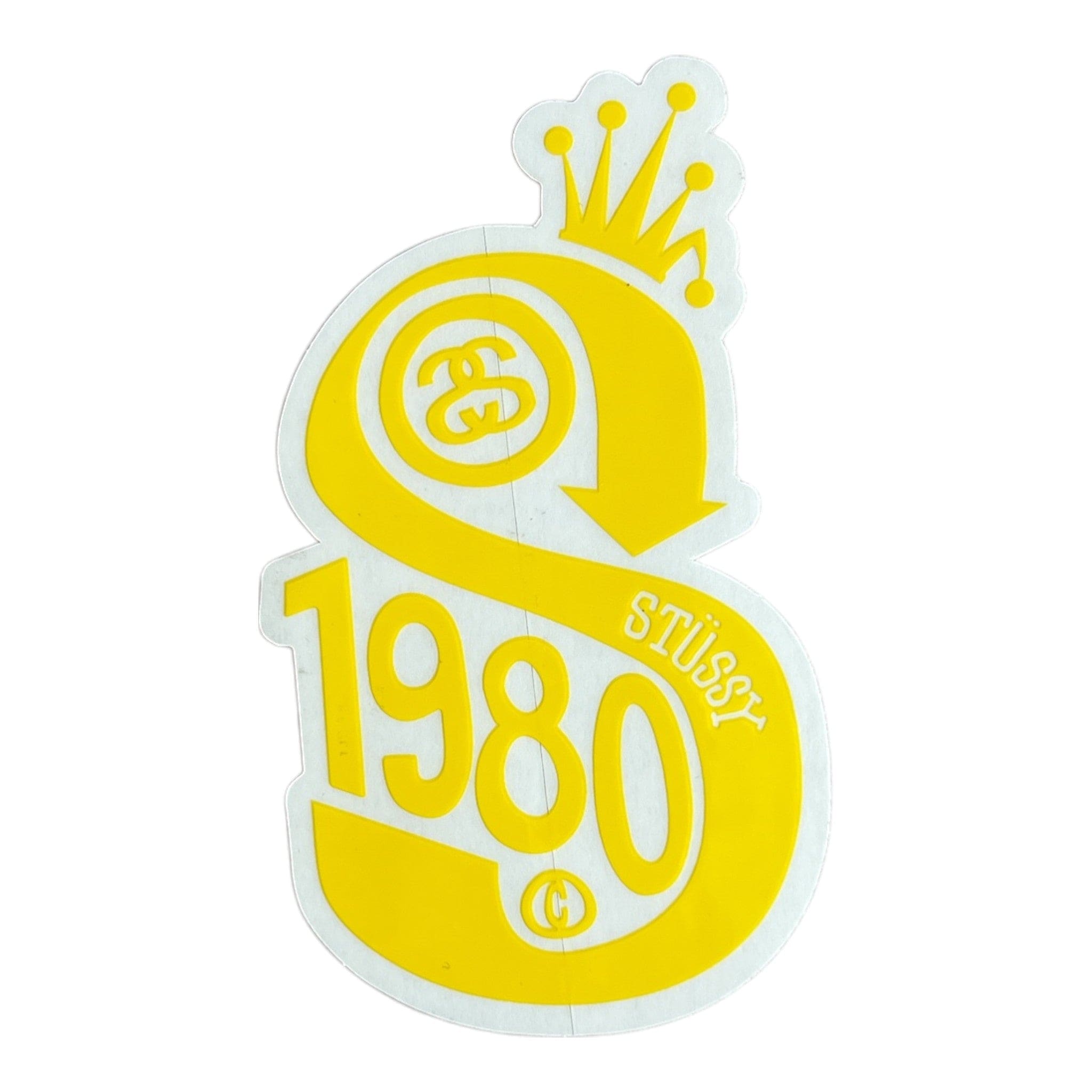 Yellow and white logo with '1980' and 'Stussy' text on a white background