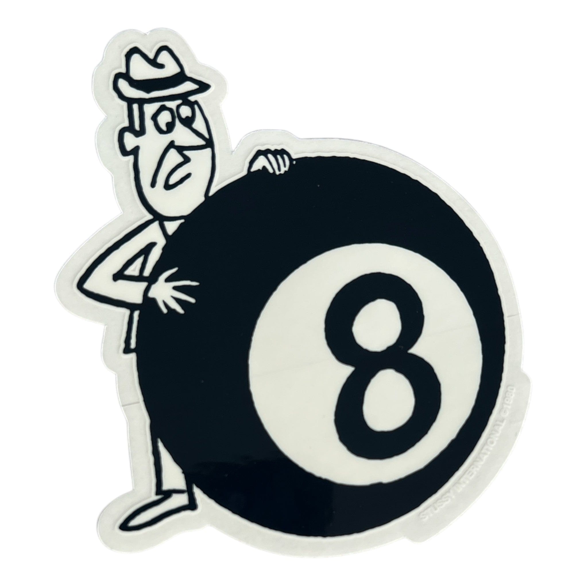Cartoon character holding an 8-ball on a white background