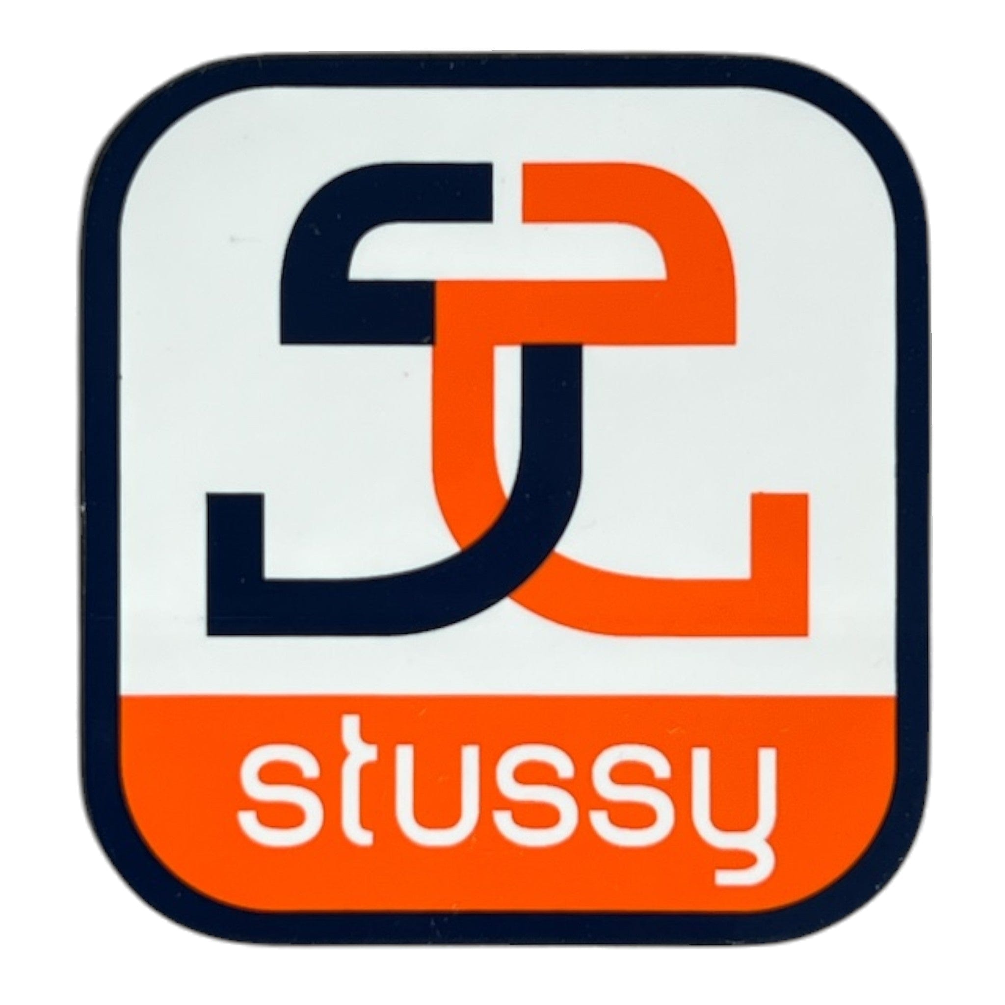 Stussy logo with black and orange design on a white background