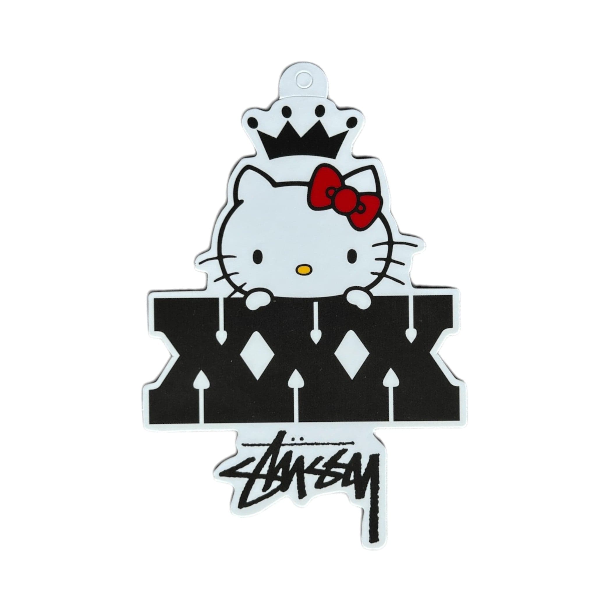 Stylized Hello Kitty with a crown and red bow on a black and white background with 'Stussy' branding.