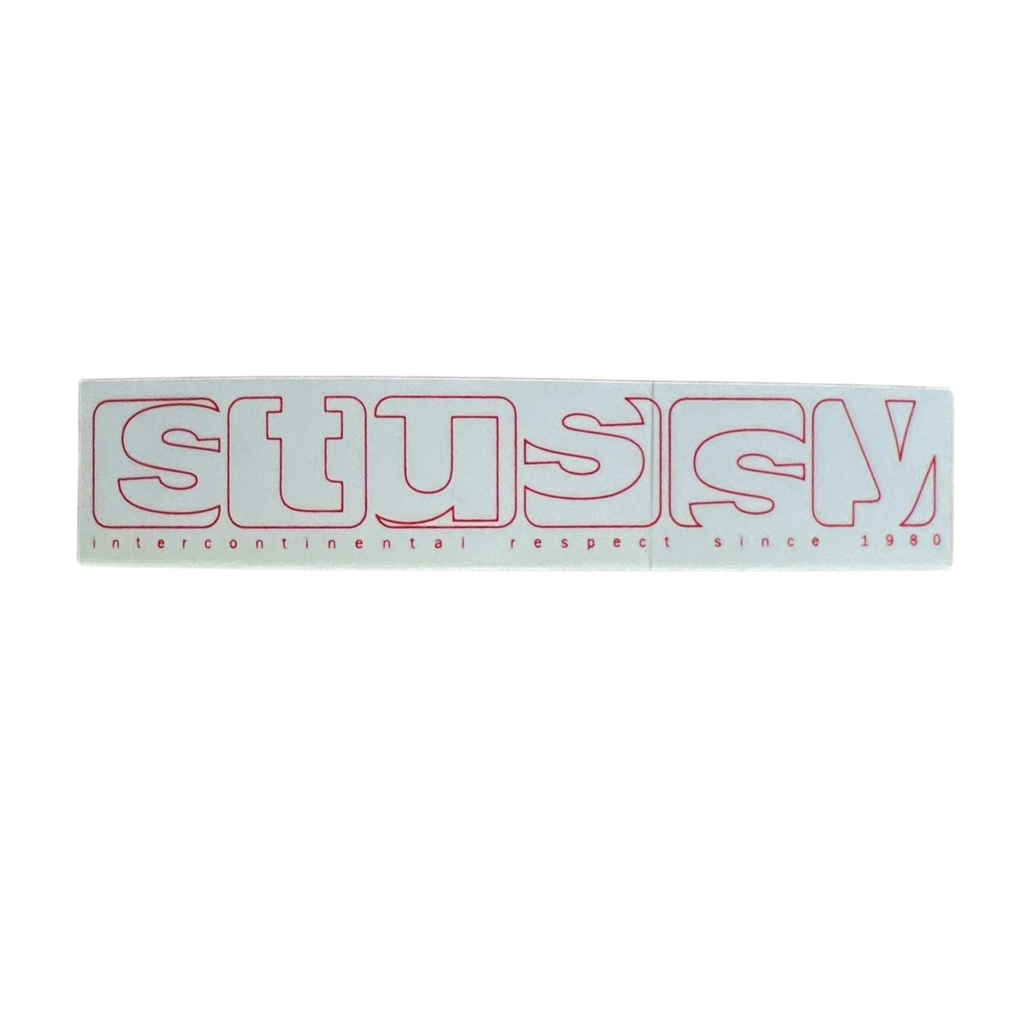 Rectangular sticker with 'Stussy' logo and text on a white background