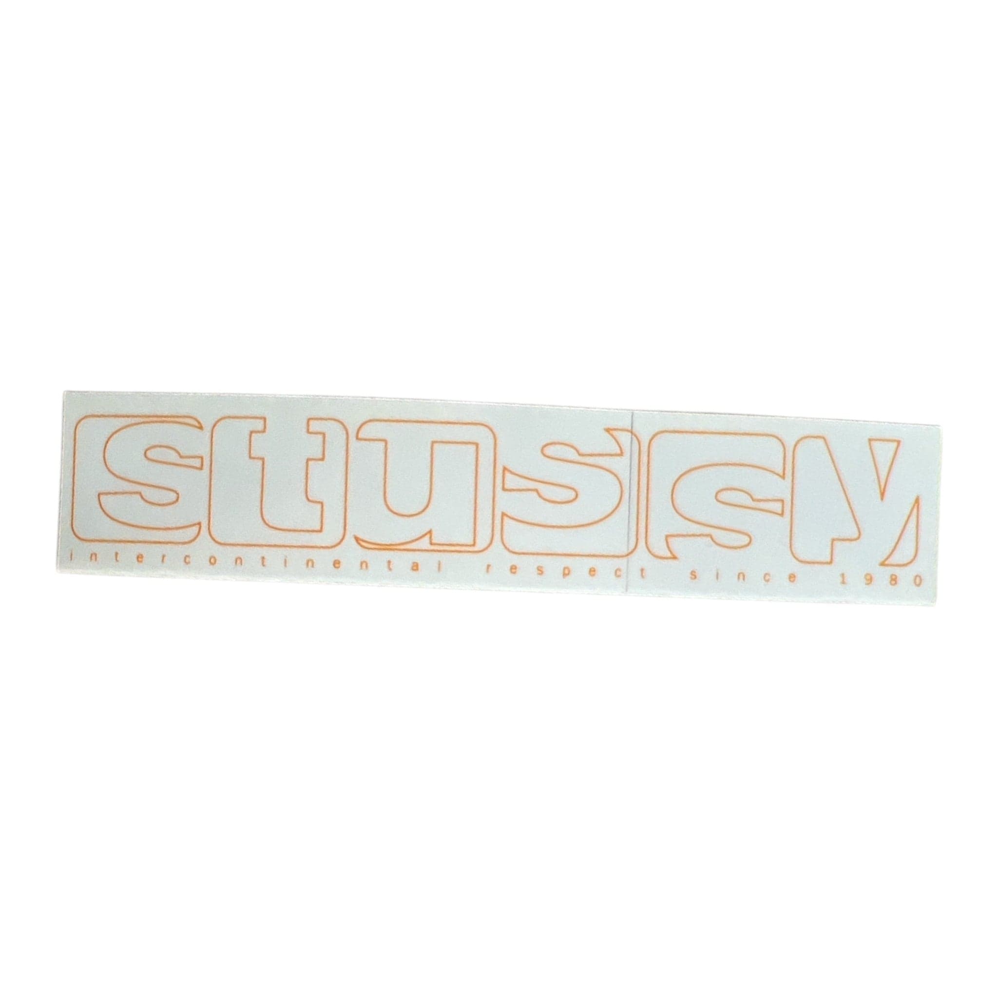Stussy logo sticker with orange text on a white background