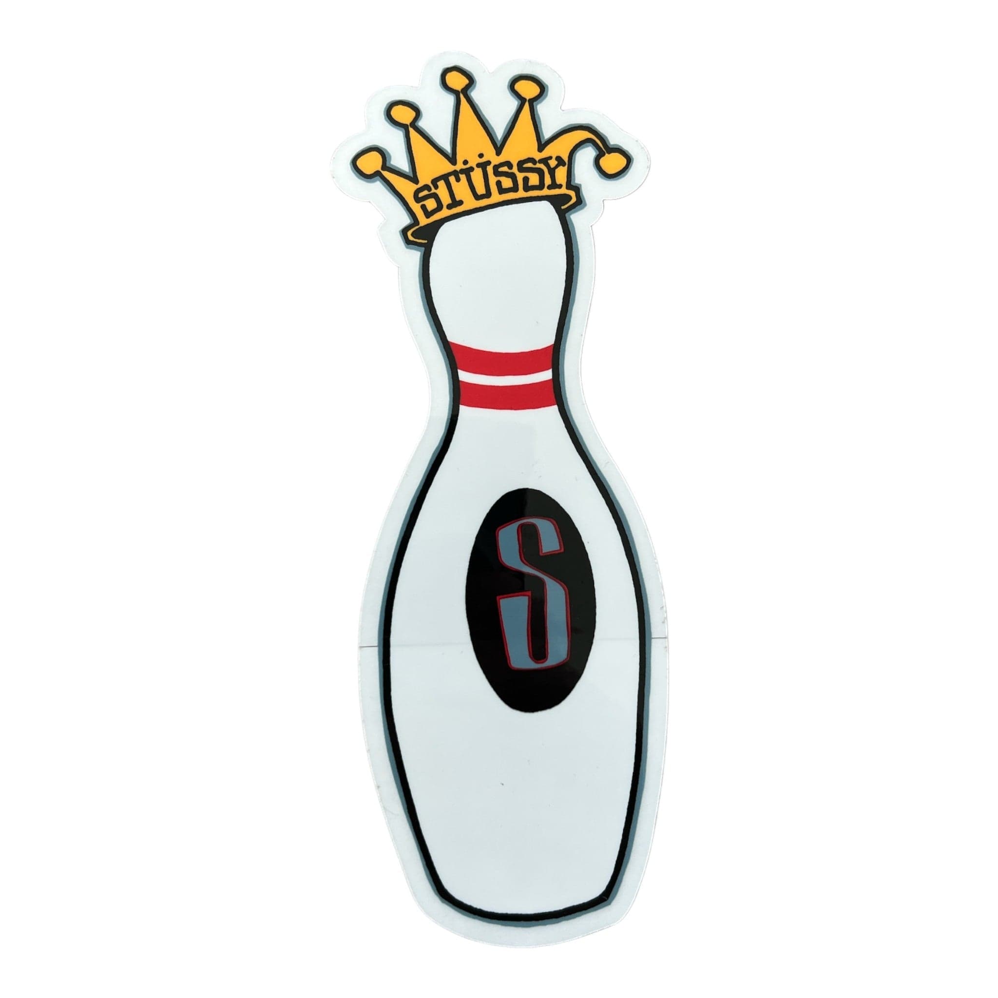 Stussy logo on a bowling pin with a crown on a white background