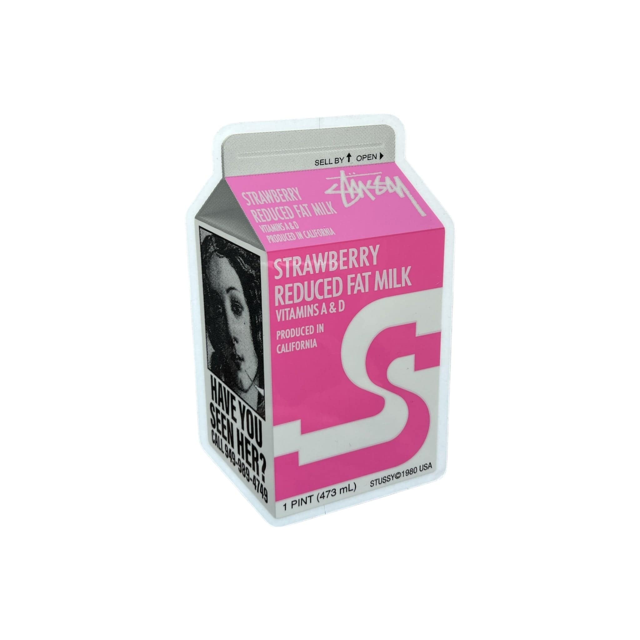 The image shows a sticker designed to look like a carton of strawberry reduced-fat milk, featuring a black and white image of a venus's face and a Stüssy logo.