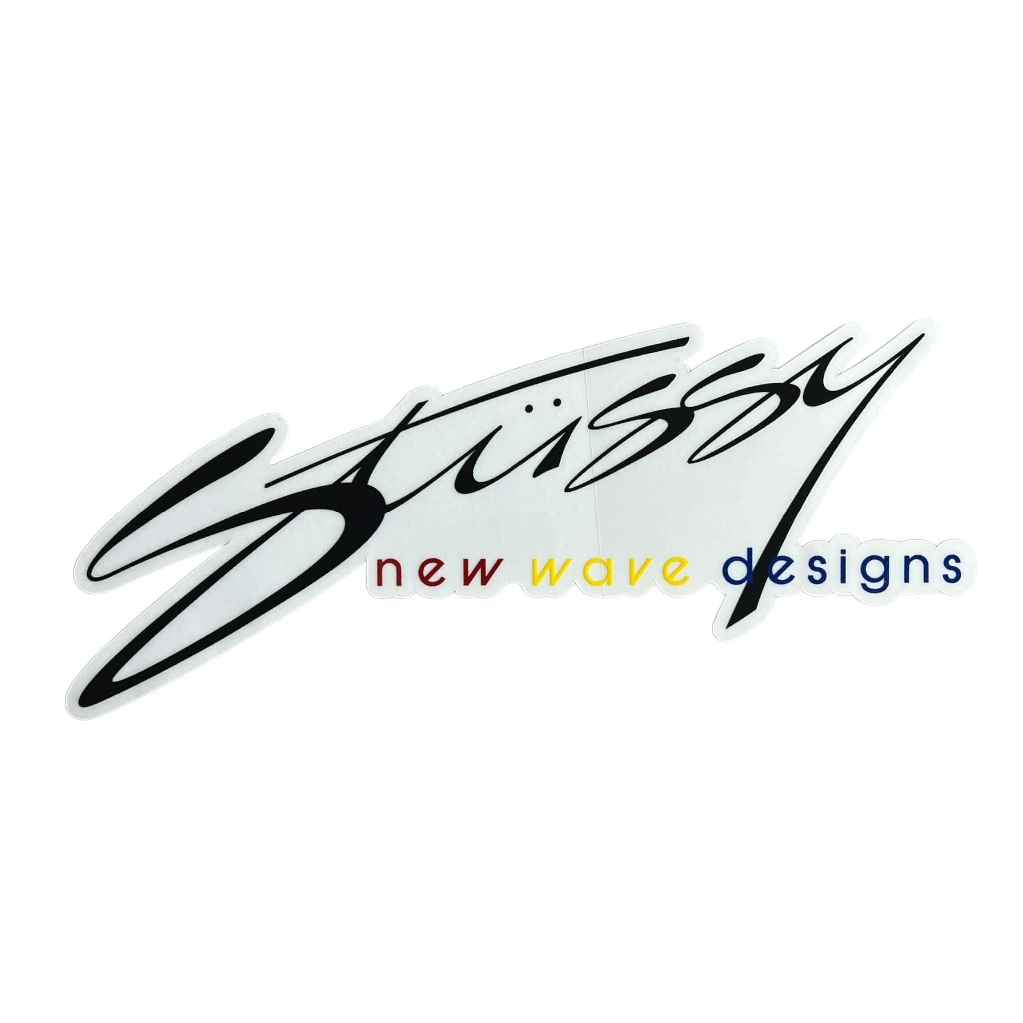Stussy logo with 'new wave designs' text on a white background