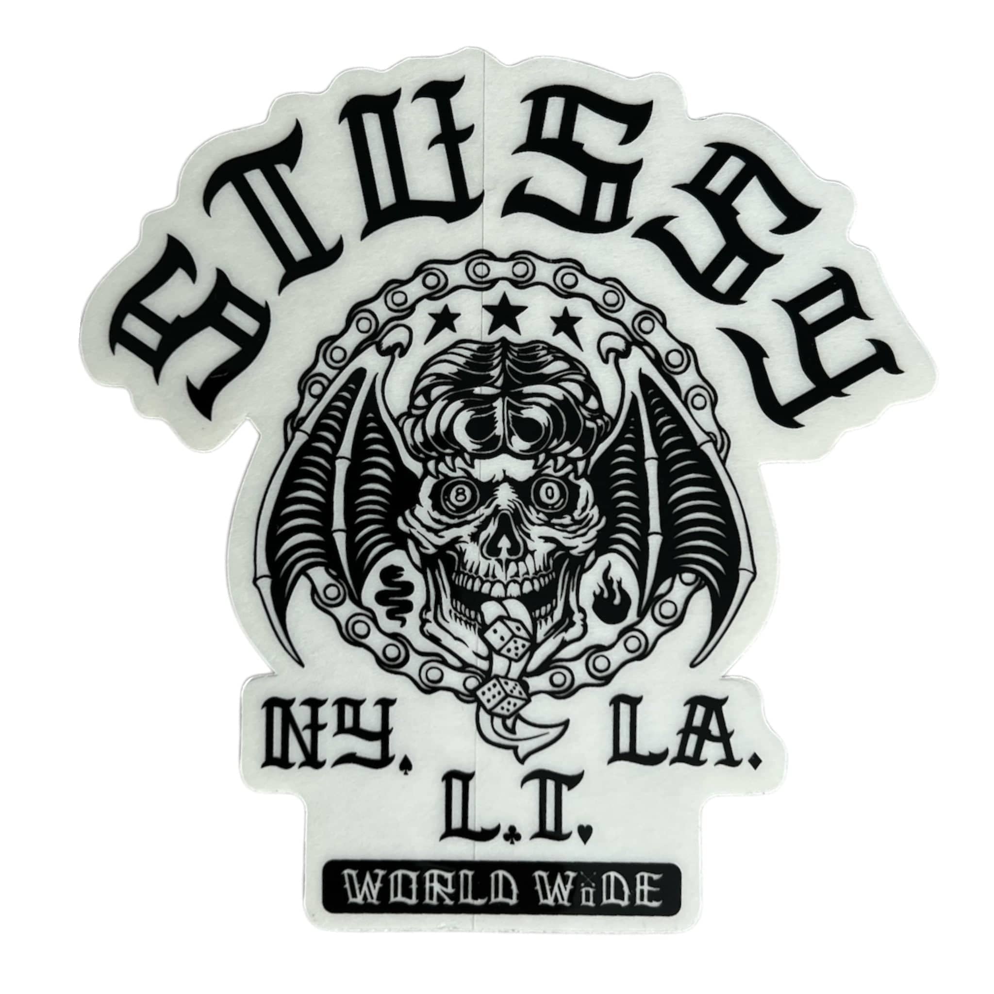 Sticker with a skull design and text on a white background