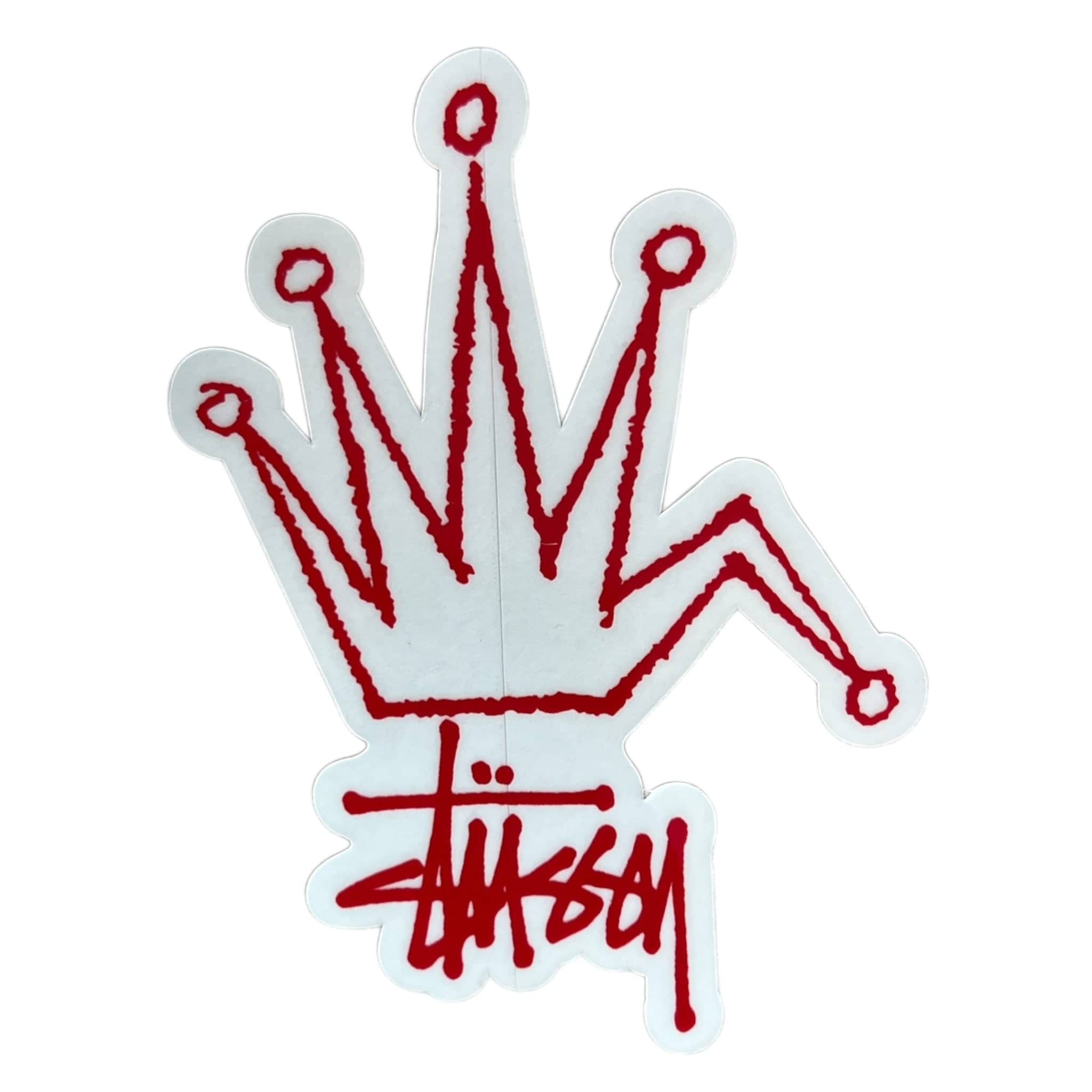 Red crown logo with 'Stussy' branding on a white background