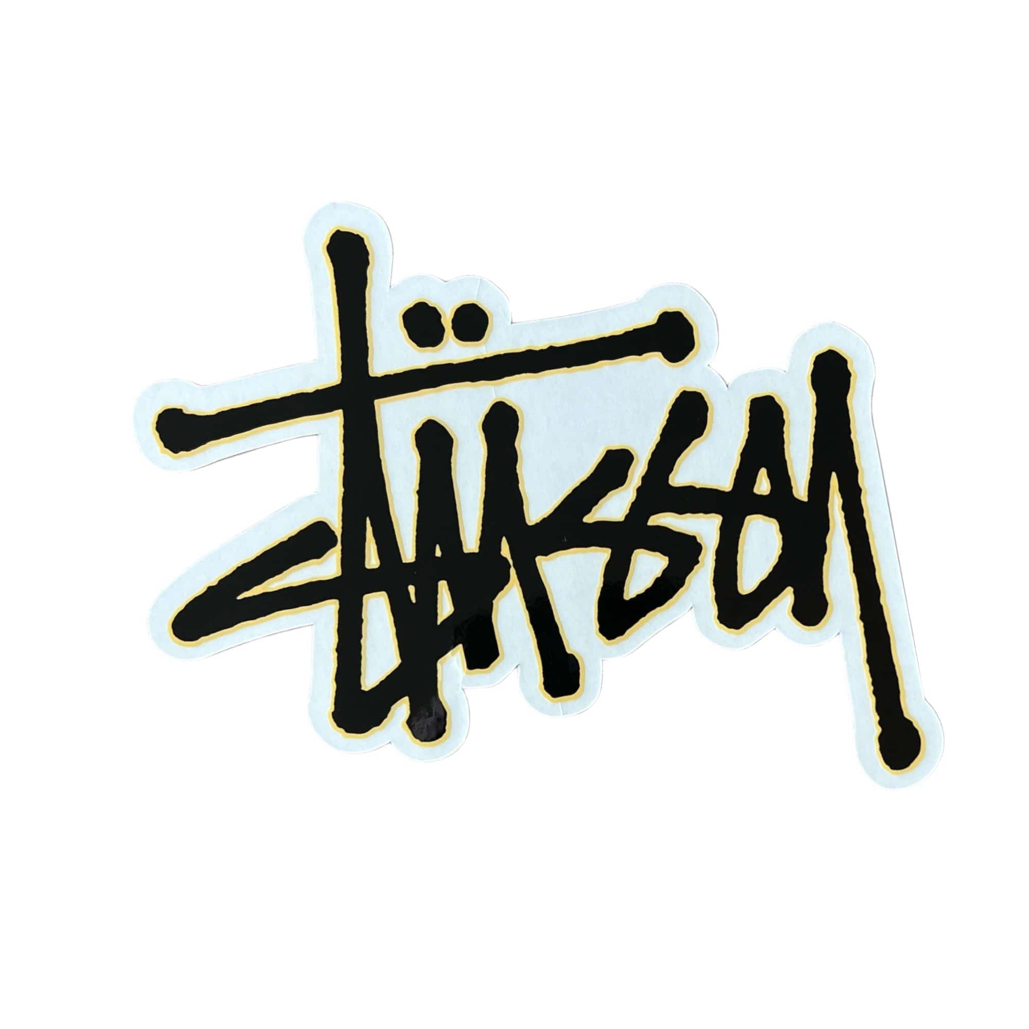 Stussy Script Sticker Black with Yellow Outline. The sticker measures 5"x4".