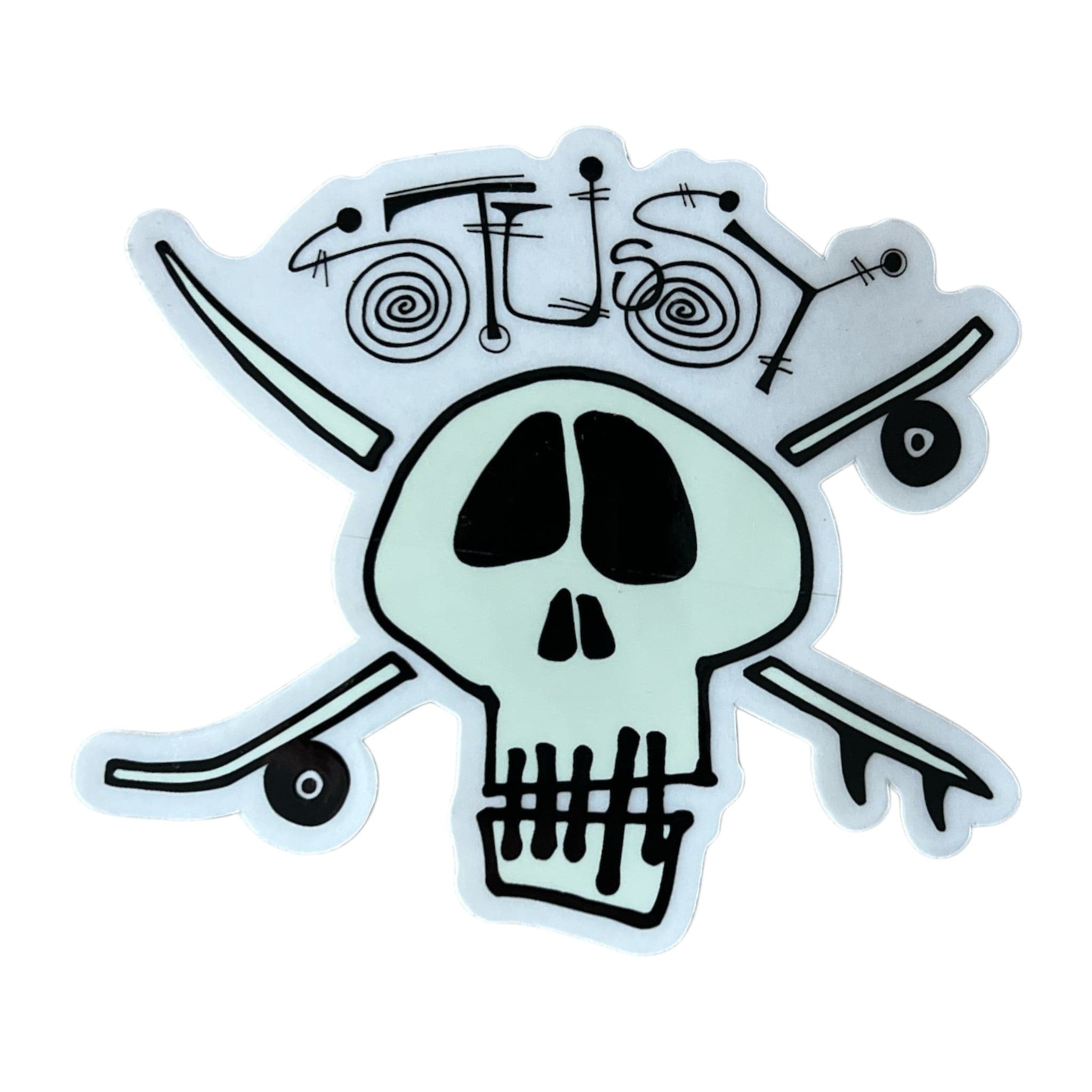 Skateboard with skull design and crossbones on a white background