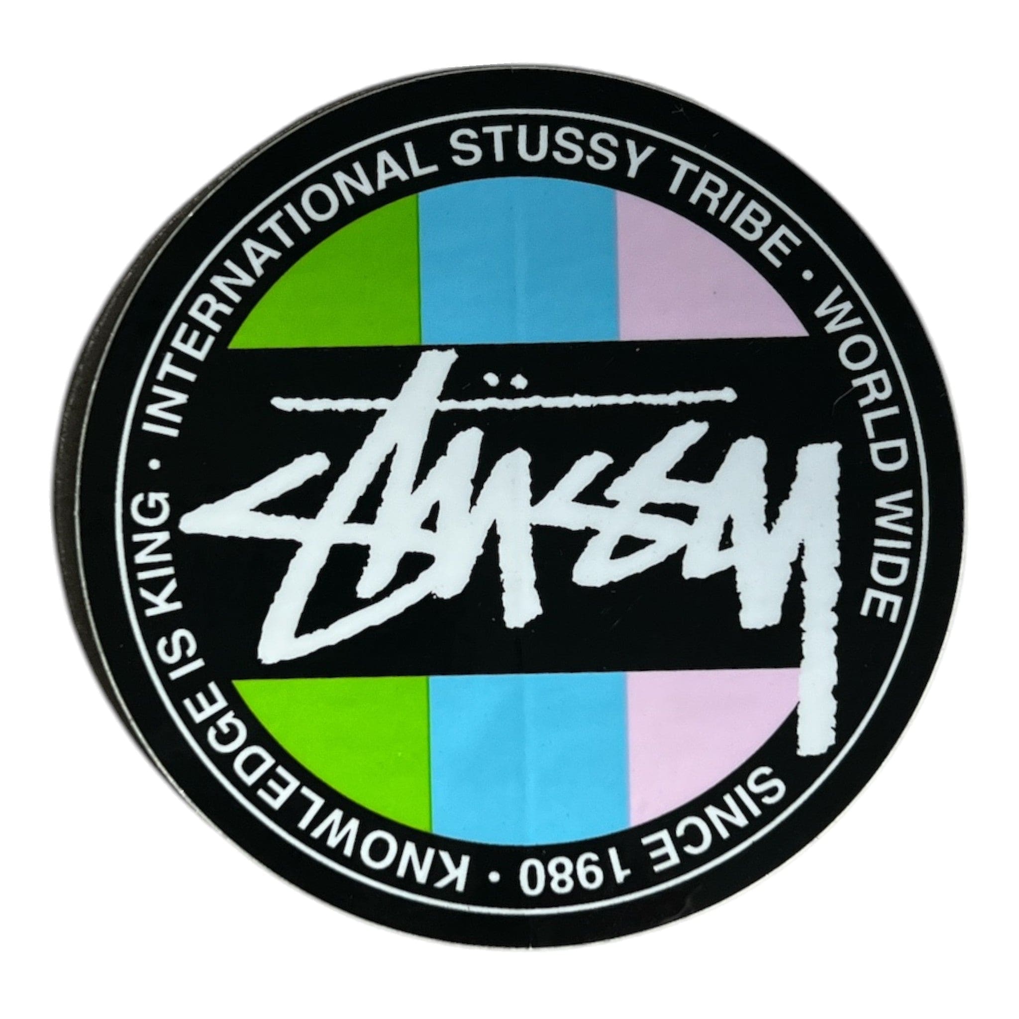 Stussy logo with colorful stripes on a black background