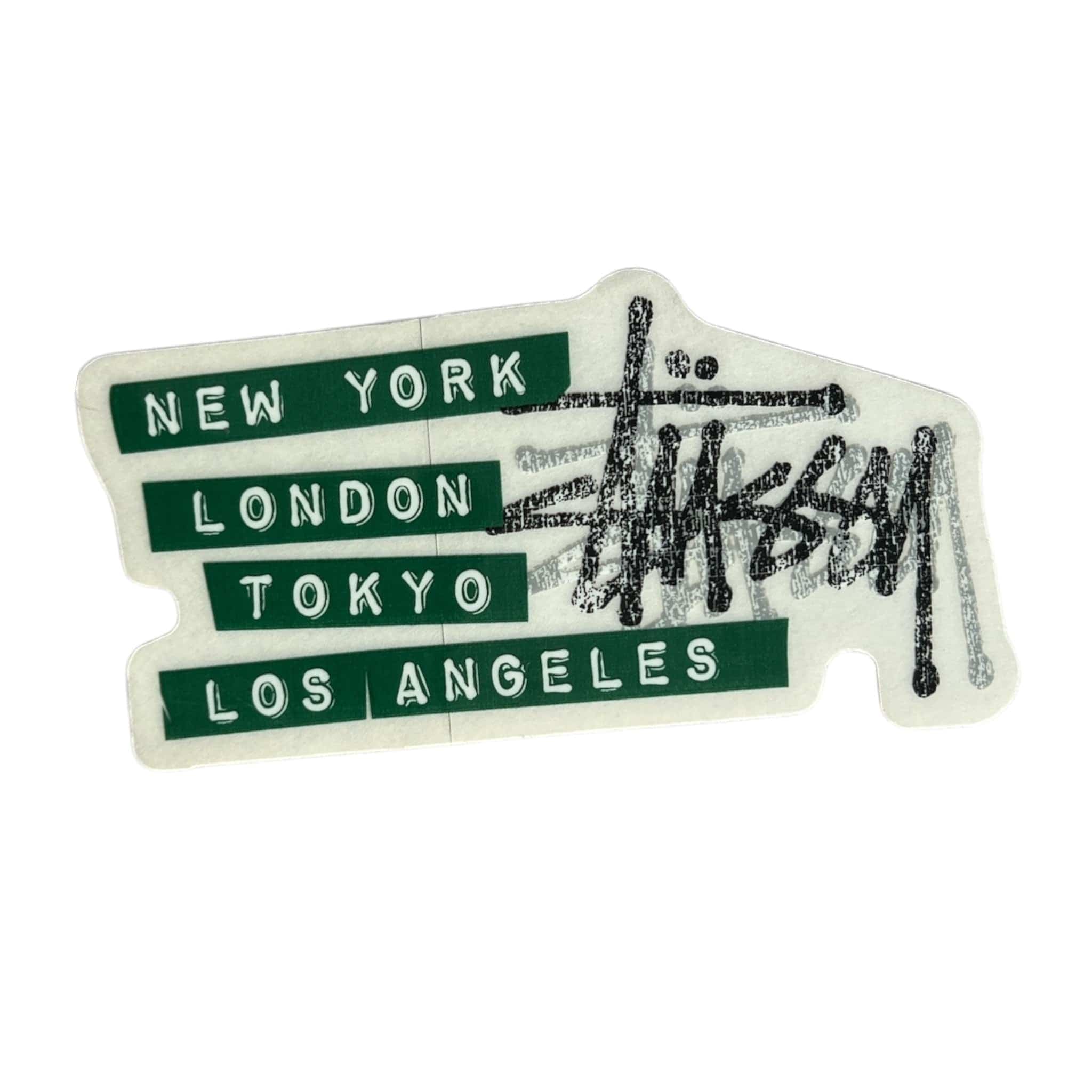 Sticker with 'New York', 'London', 'Tokyo', 'Los Angeles' text on a white background
