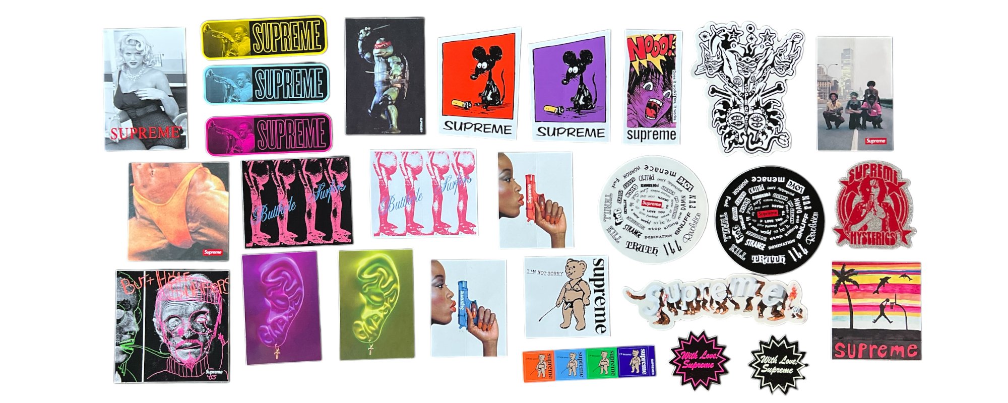 Supreme stickers released during the Spring Summer season of 2021.