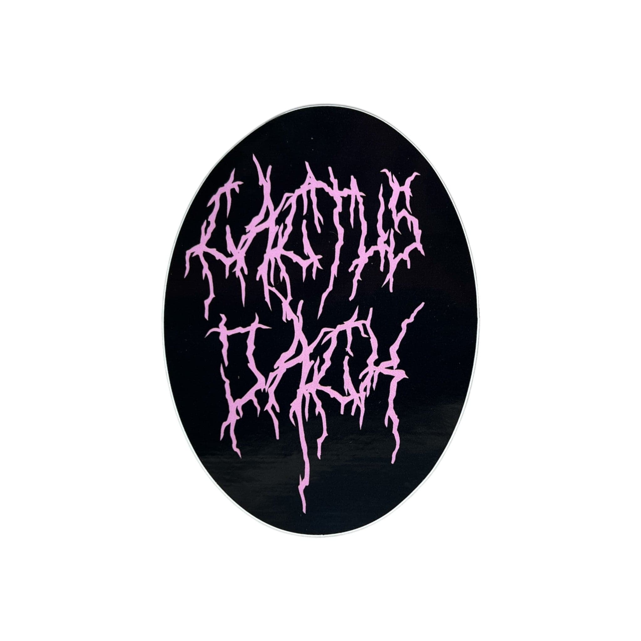 Black oval sticker with pink tribal design on a white background