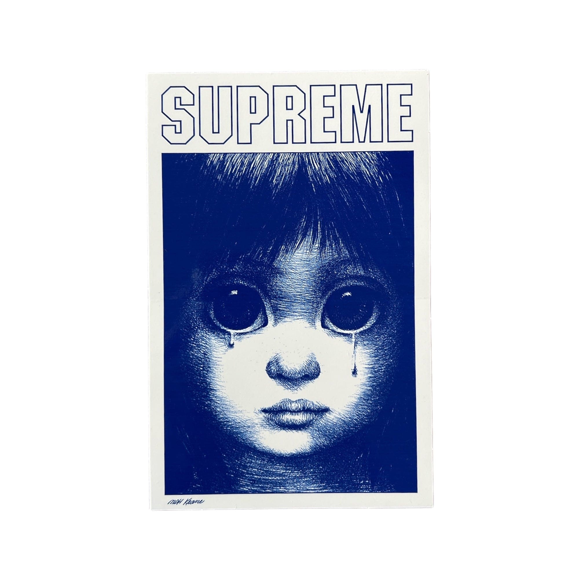 Supreme Margaret Keane Teardrop Sticker in blue released during the Spring Summer of 2024. The sticker measures 6"x4".