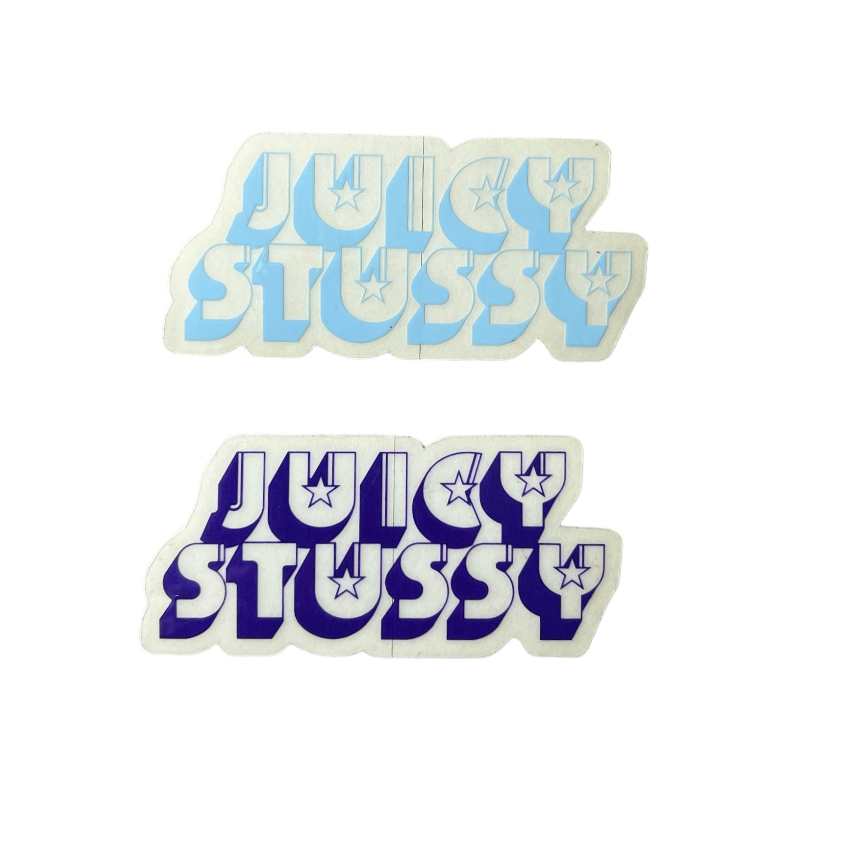 Stussy Juicy Stussy Stickers. The stickers measure 3.75"x1.75".