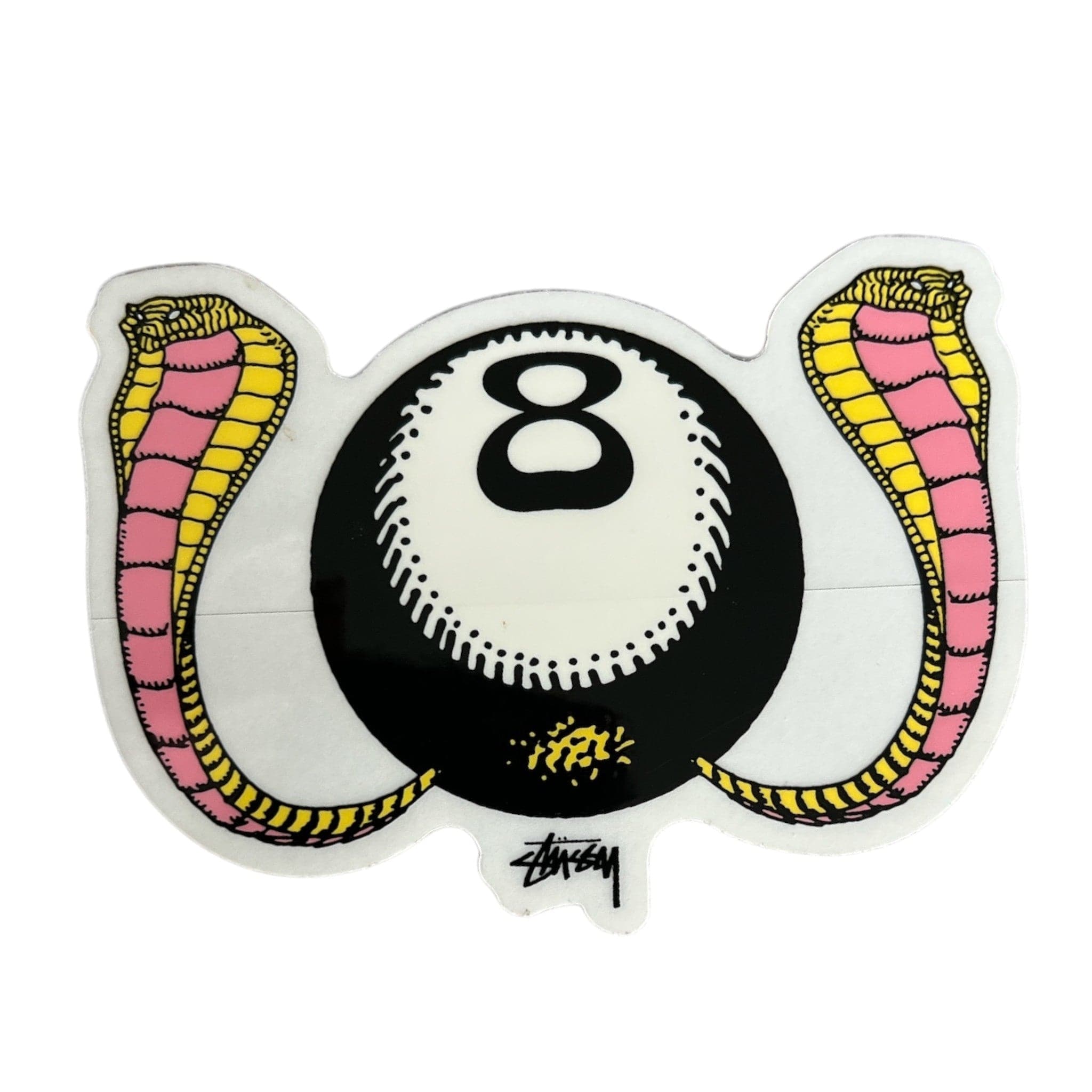 Eight-ball design with pink and yellow snakes on a white background, featuring the Stussy logo.