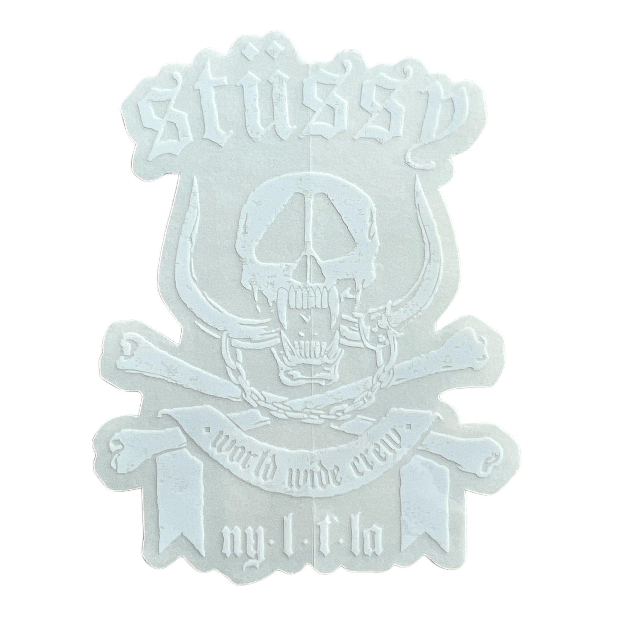 Holographic sticker with skull design and text on a white background