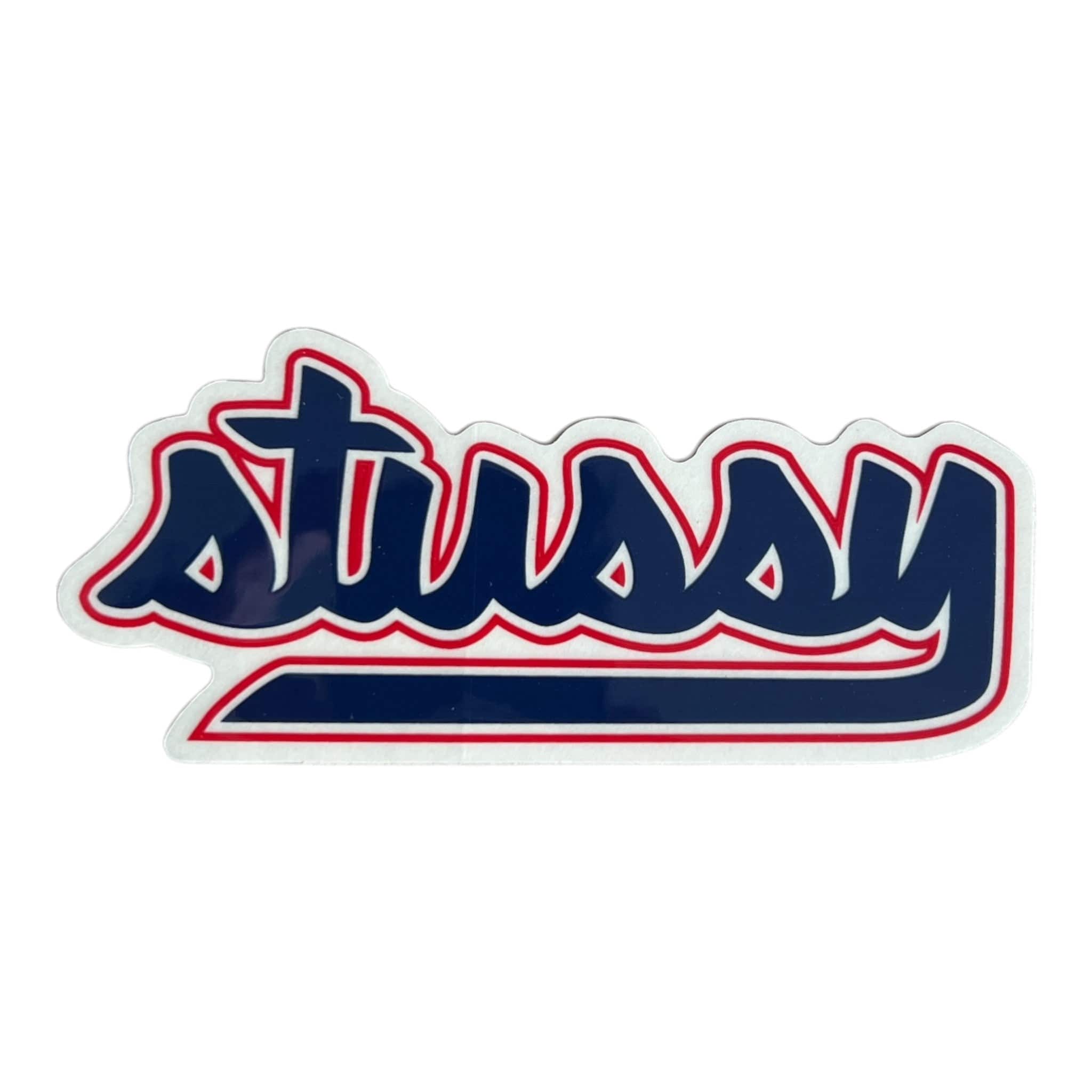 Stussy logo with red and blue text on a white background