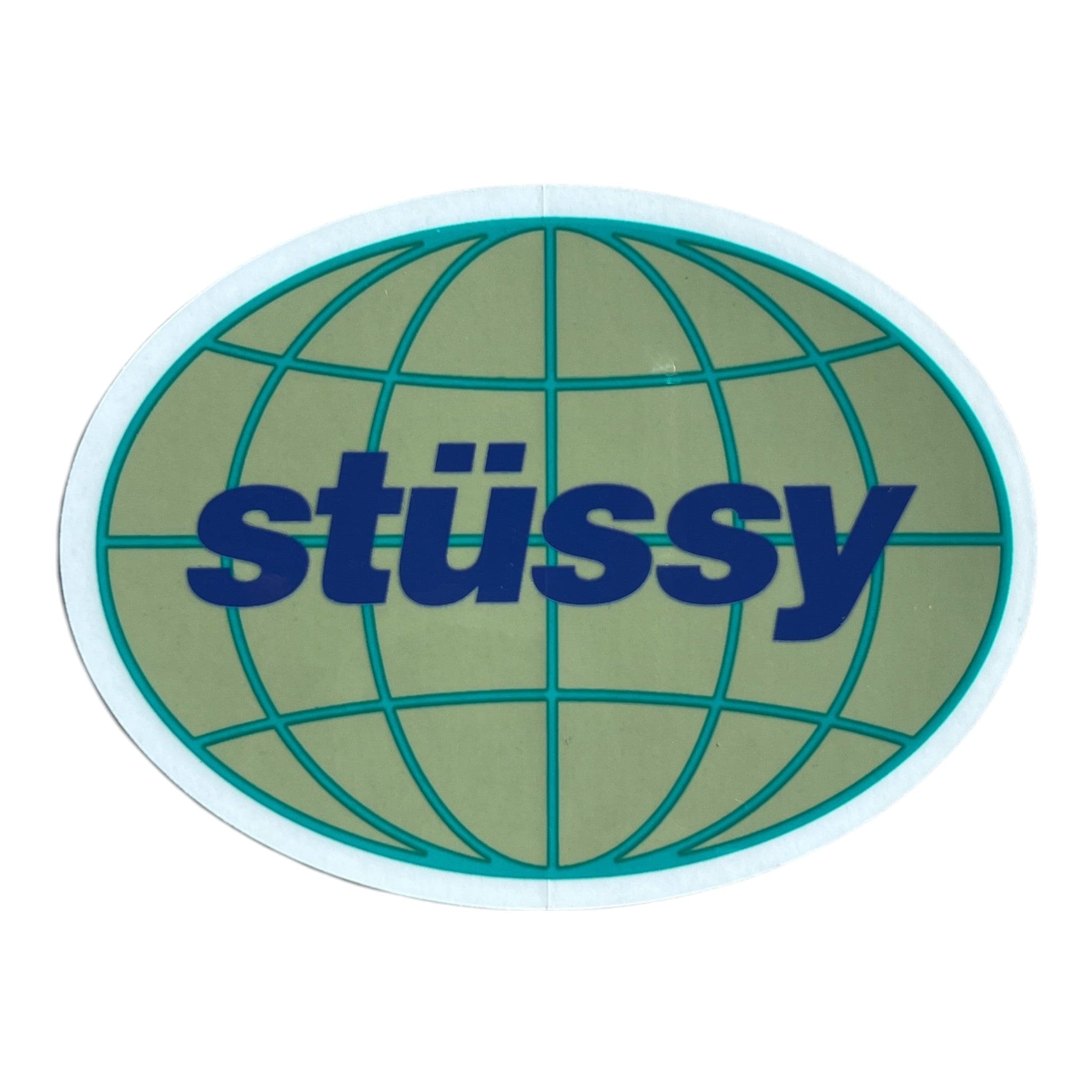 Stussy logo on a green globe design with a white border