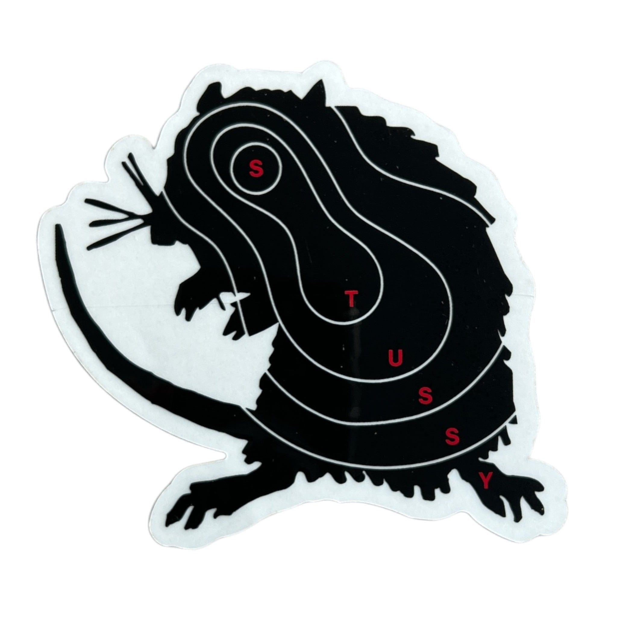 Black rat silhouette with 'STussy' branding on a white background