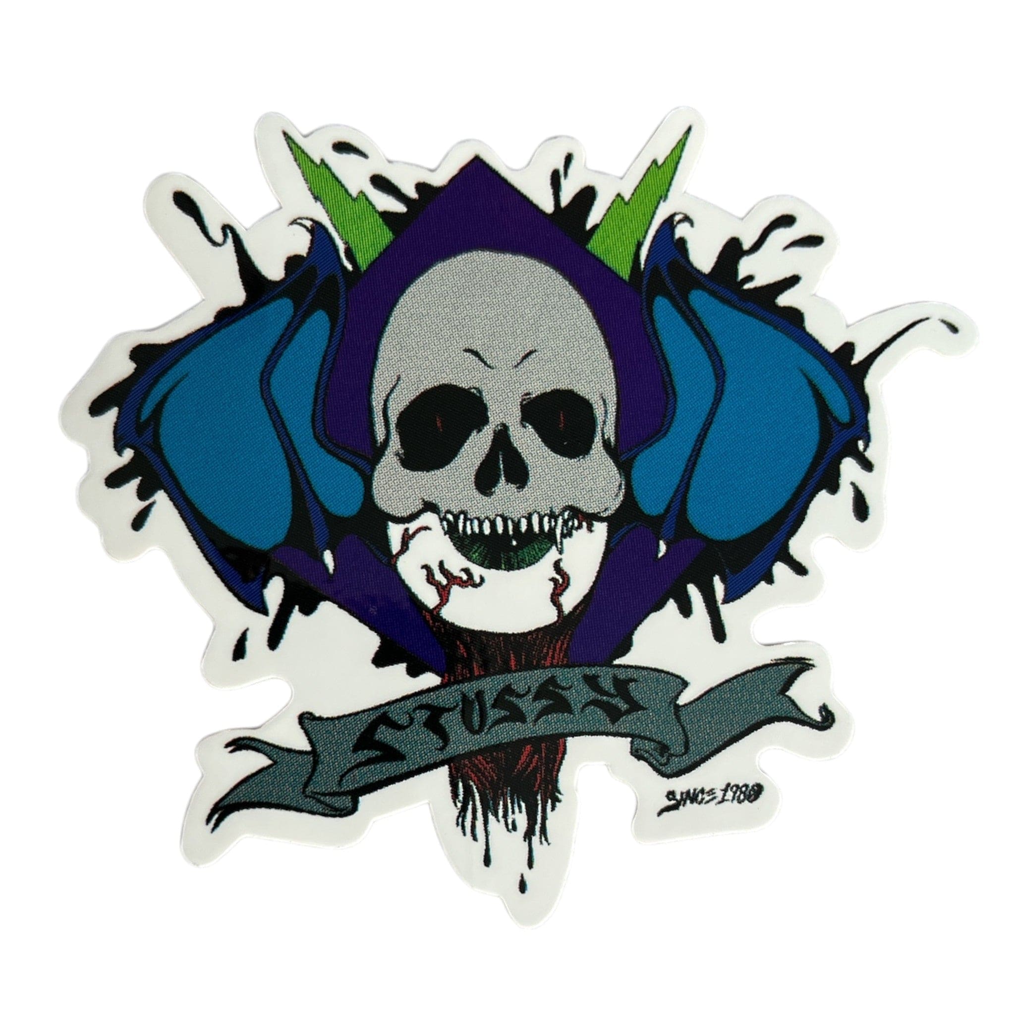 Sticker with a skull design and 'Stussy' branding on a white background
