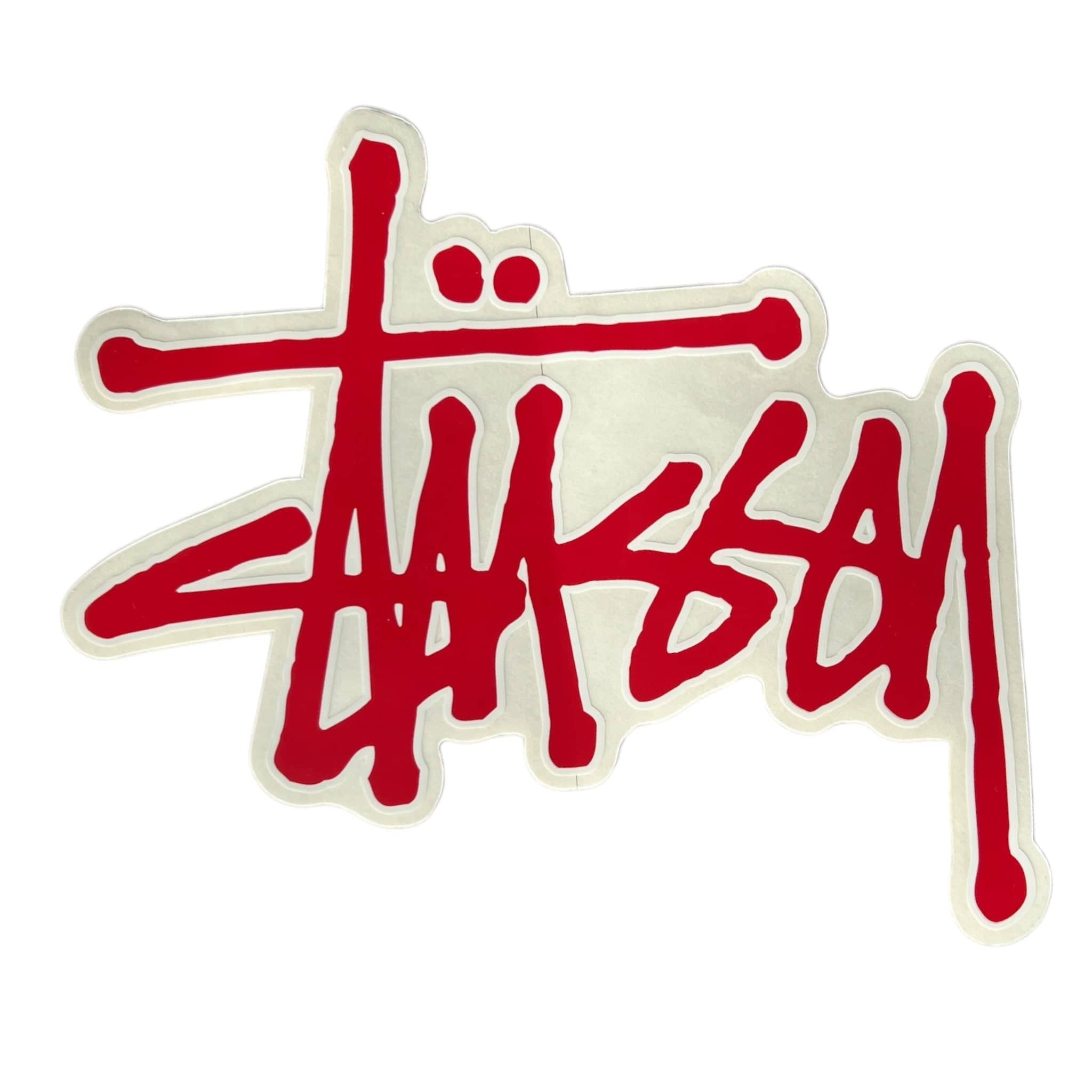 Red and white stussy logo with stylized text on a white background