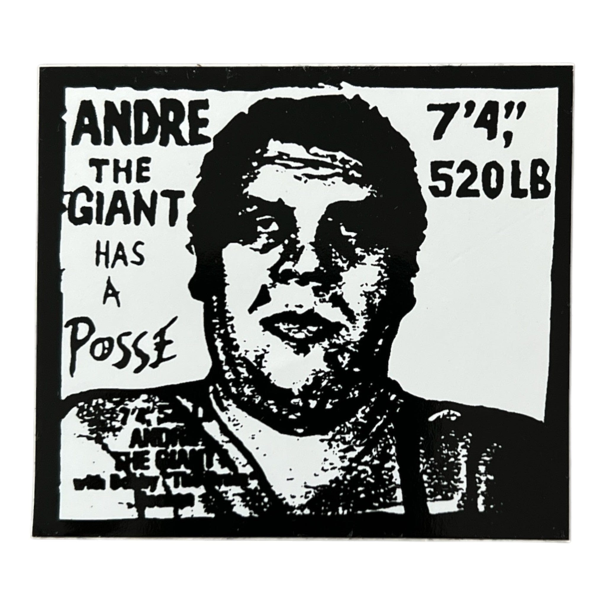 Black and white image of a stylized portrait with text about Andre the Giant.