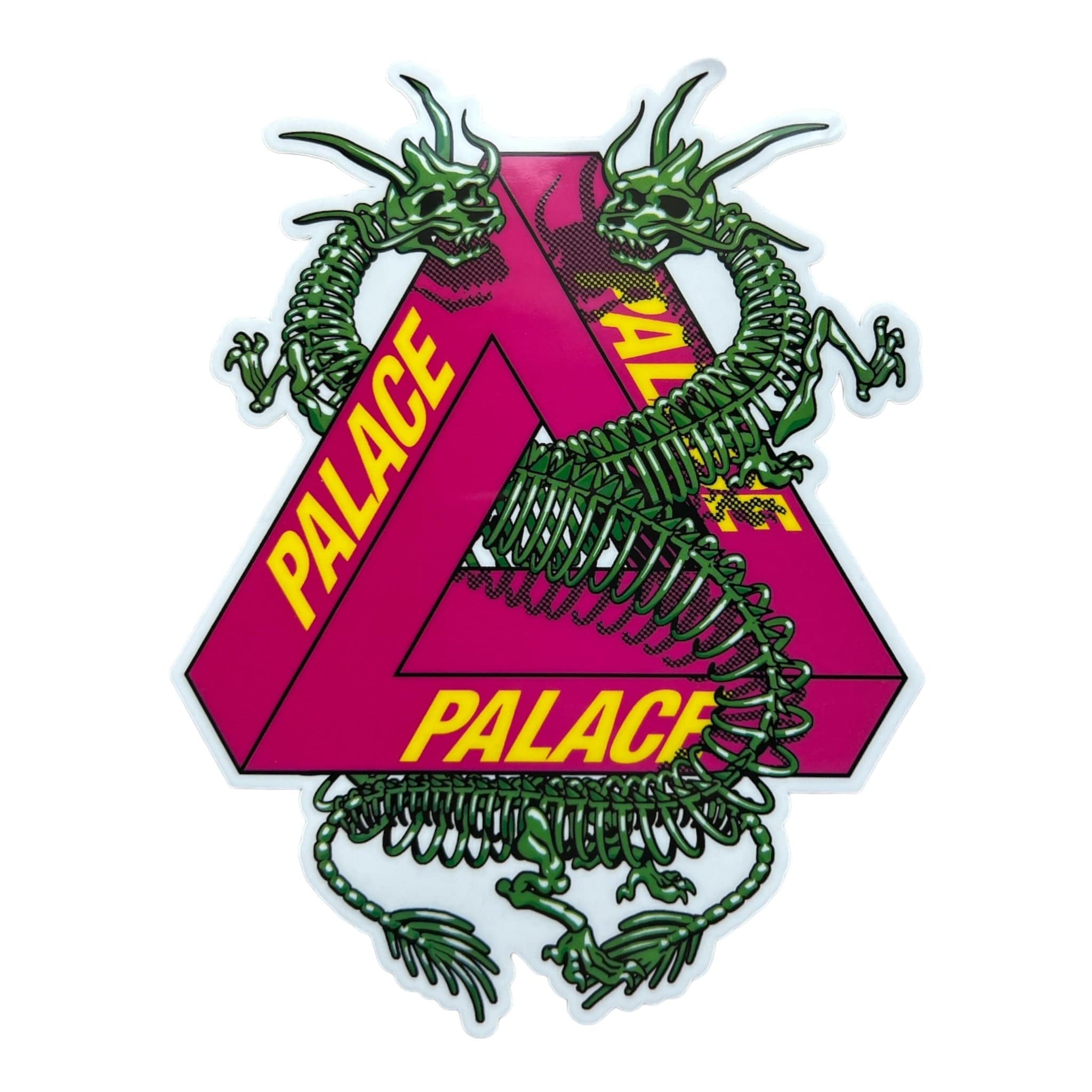 Palace Skateboards logo with green dragons on a pink triangle background