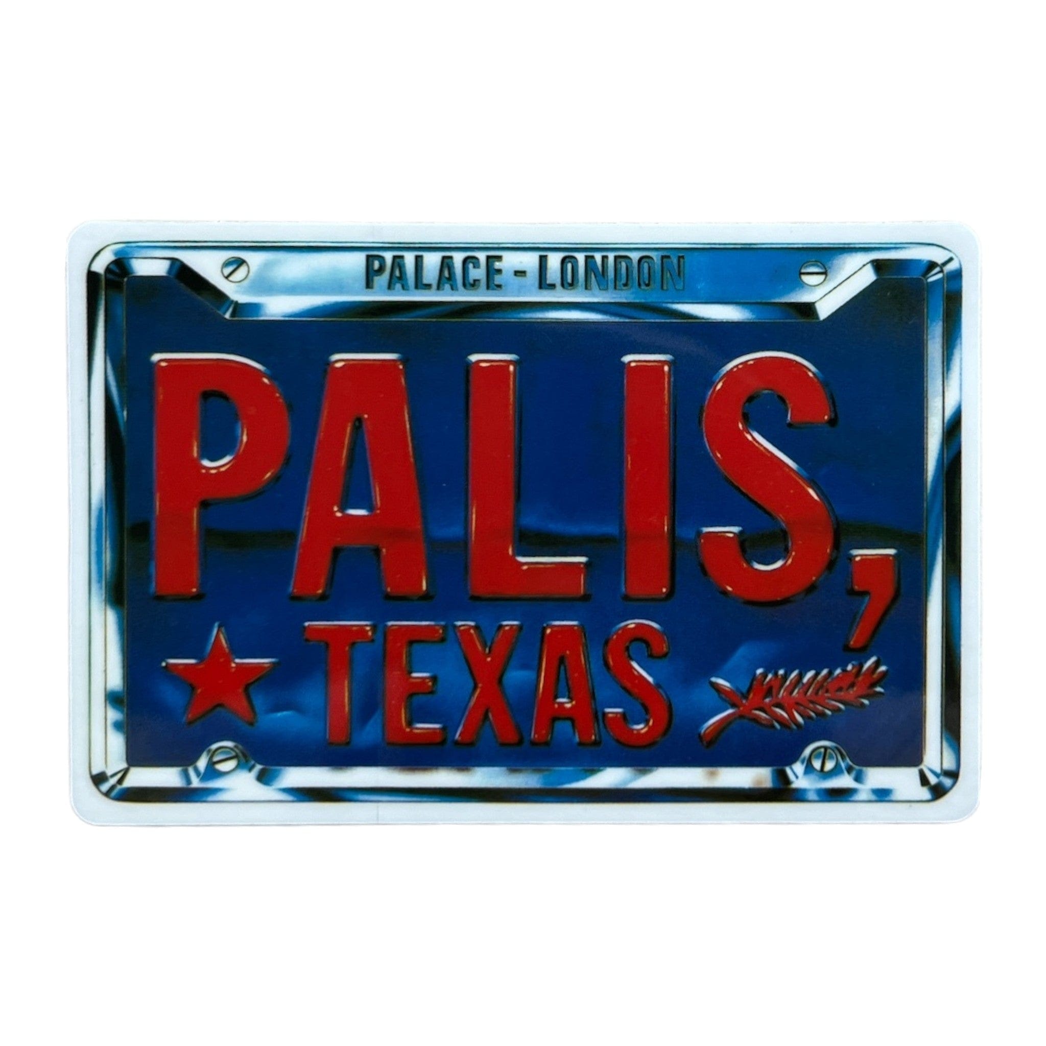 Metallic sign with 'PALIS, TEXAS' text on a blue background