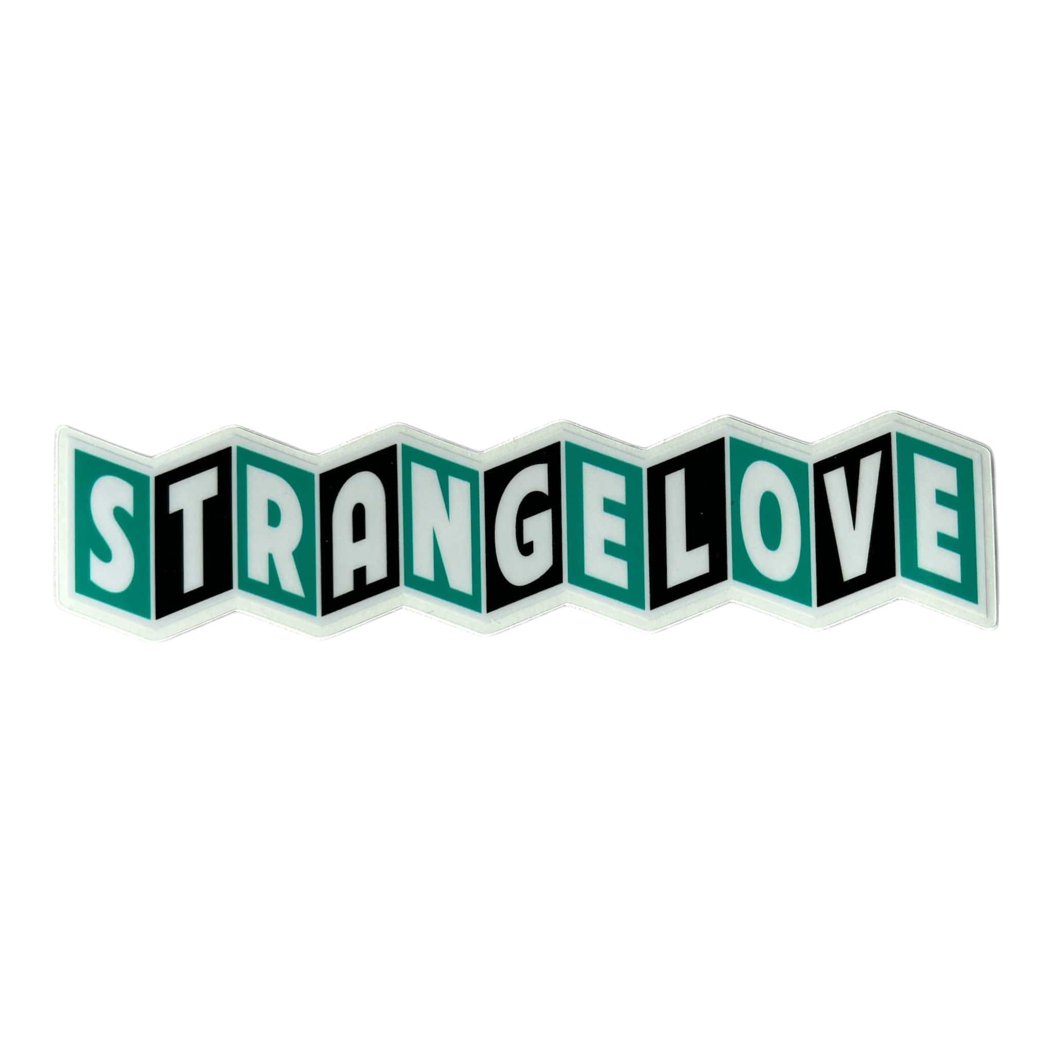 Strangelove Skateboards Ribbon Sticker White on Teal and Black