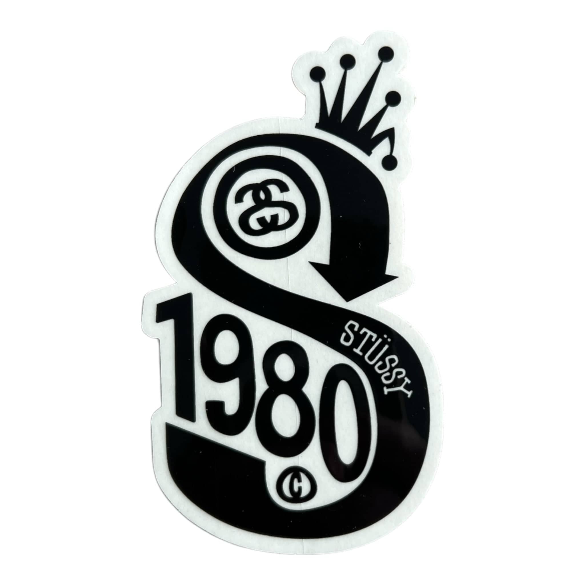 Black and white logo with '1980' and 'Stussy' text on a white background