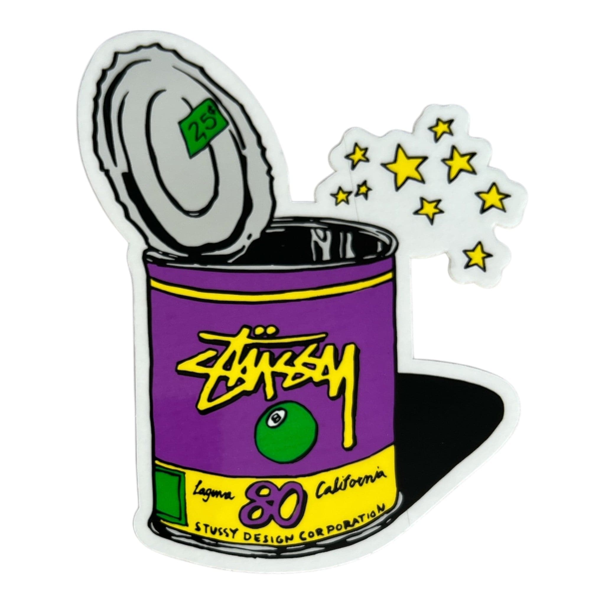 Stussy can with open lid and stars on a white background
