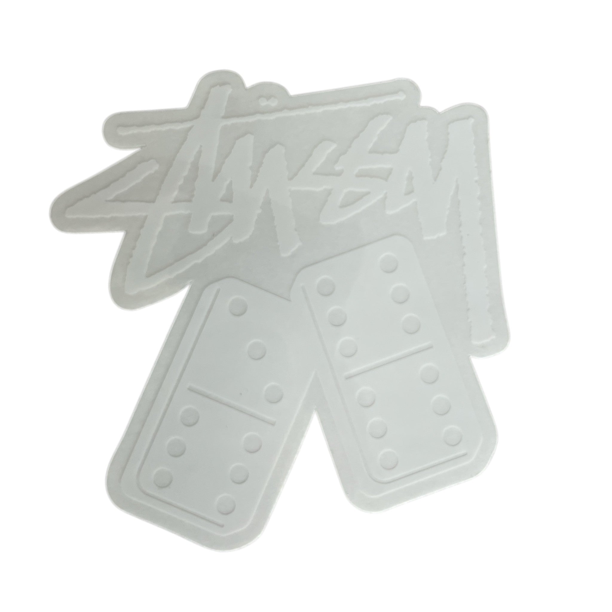 Stack of white dominoes with a brand logo on a white background