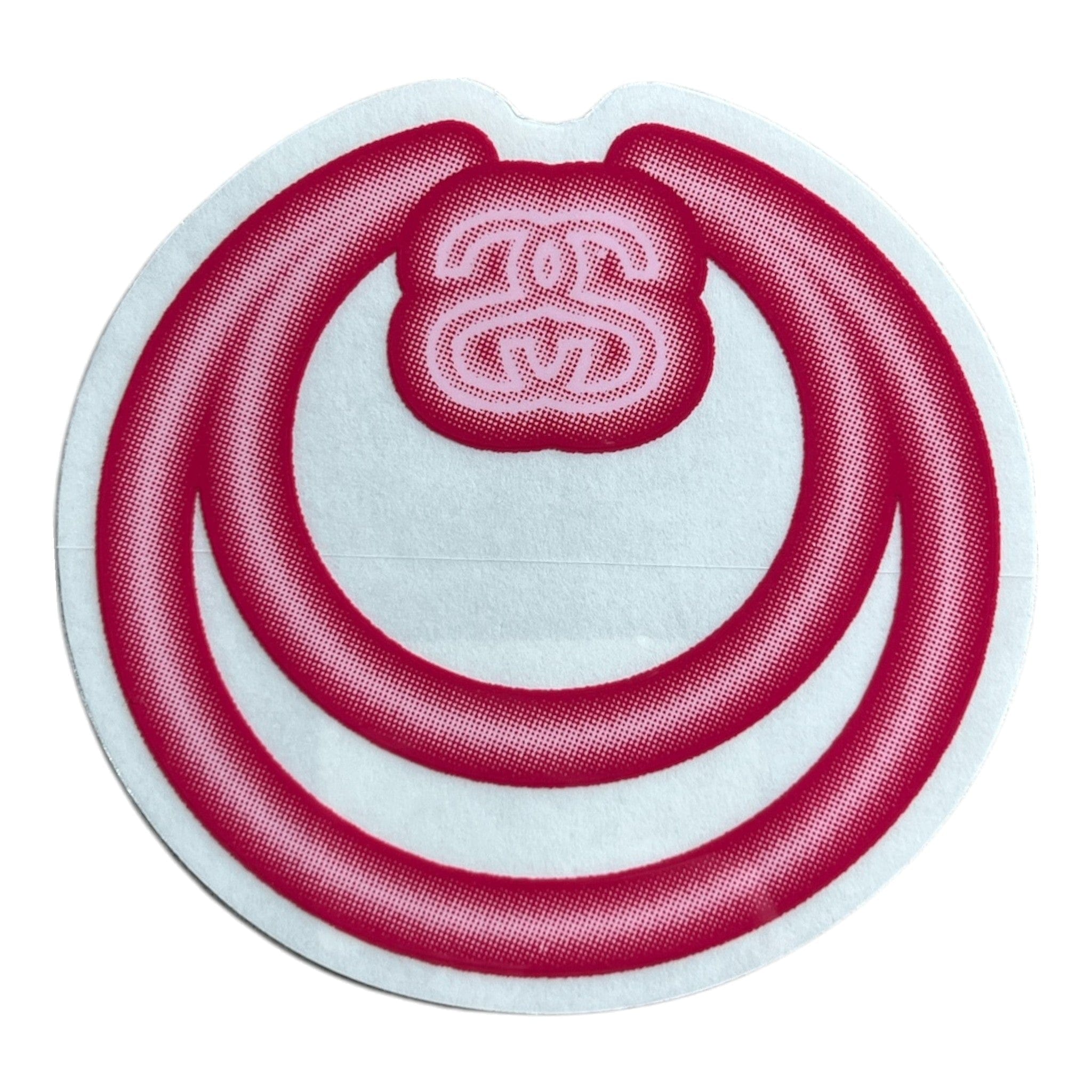 Circular red and white product with a logo on a white background